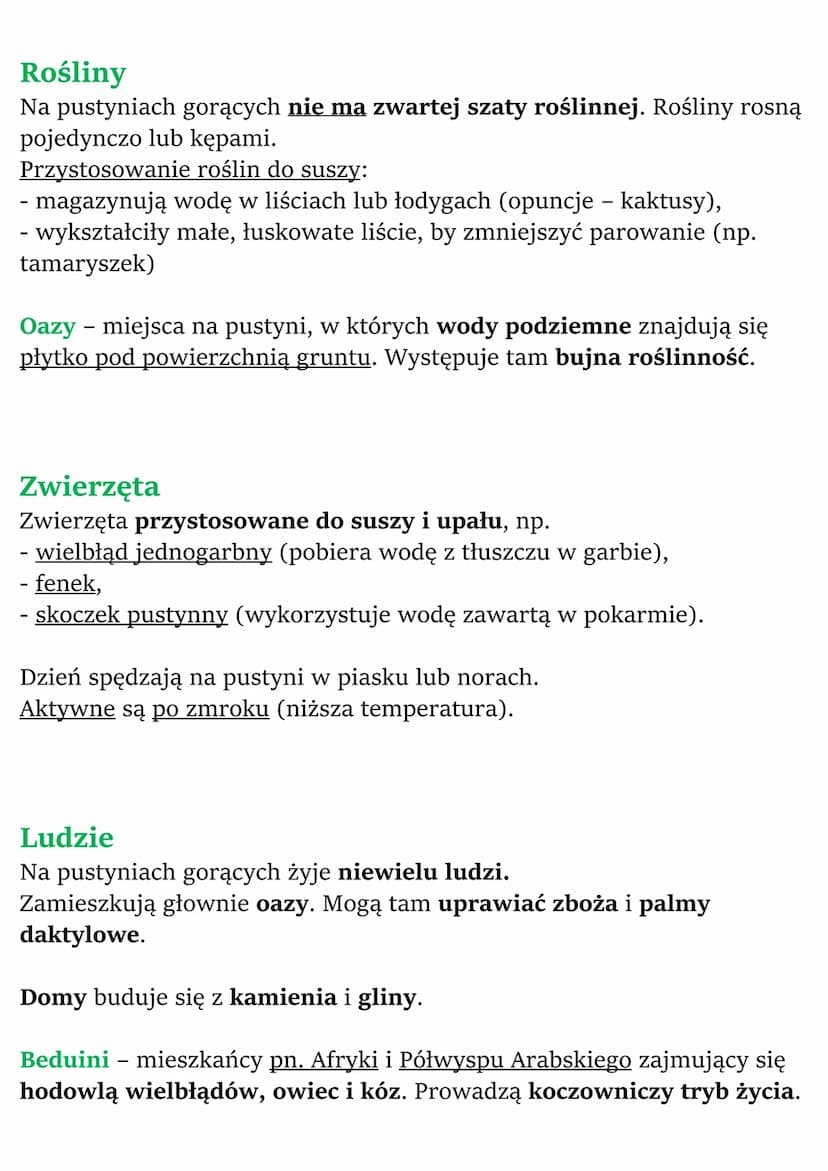 Krajobraz pustyni gorącej i
pustyni lodowej
Pustynie to obszary, na których roślinność jest bardzo uboga lub w
ogóle nie występuje ze względ