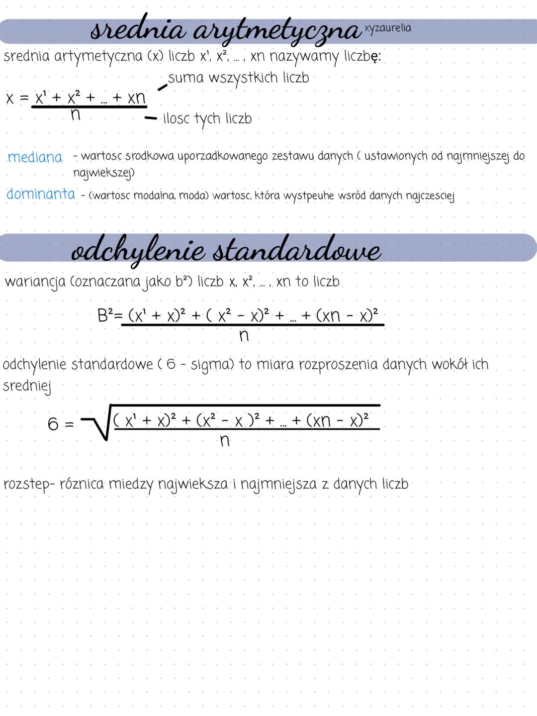 # srednia arytmetyczпа «угaurella

srednia artymetyczna (x) liczb x', x².... xn nazywamy liczbę:

- suma wszystkich liczb

$x = \frac{x' + x