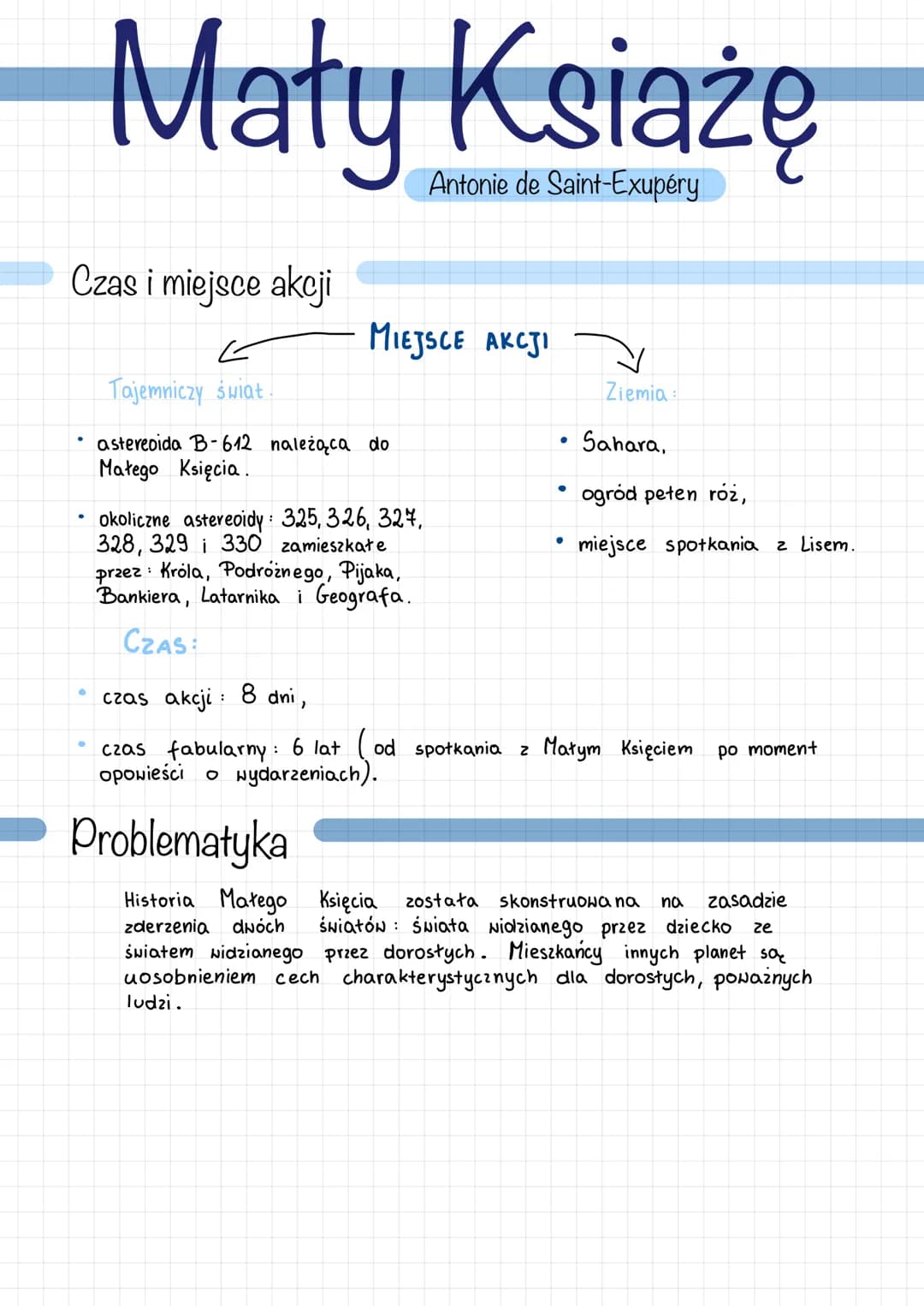 Maty Ksiażę
Antonie de Saint-Exupéry
Czas i miejsce akcji
●
MIEJSCE AKCJI
Tajemniczy świat.
astereoida B-612 należąca do
Małego Księcia.
oko