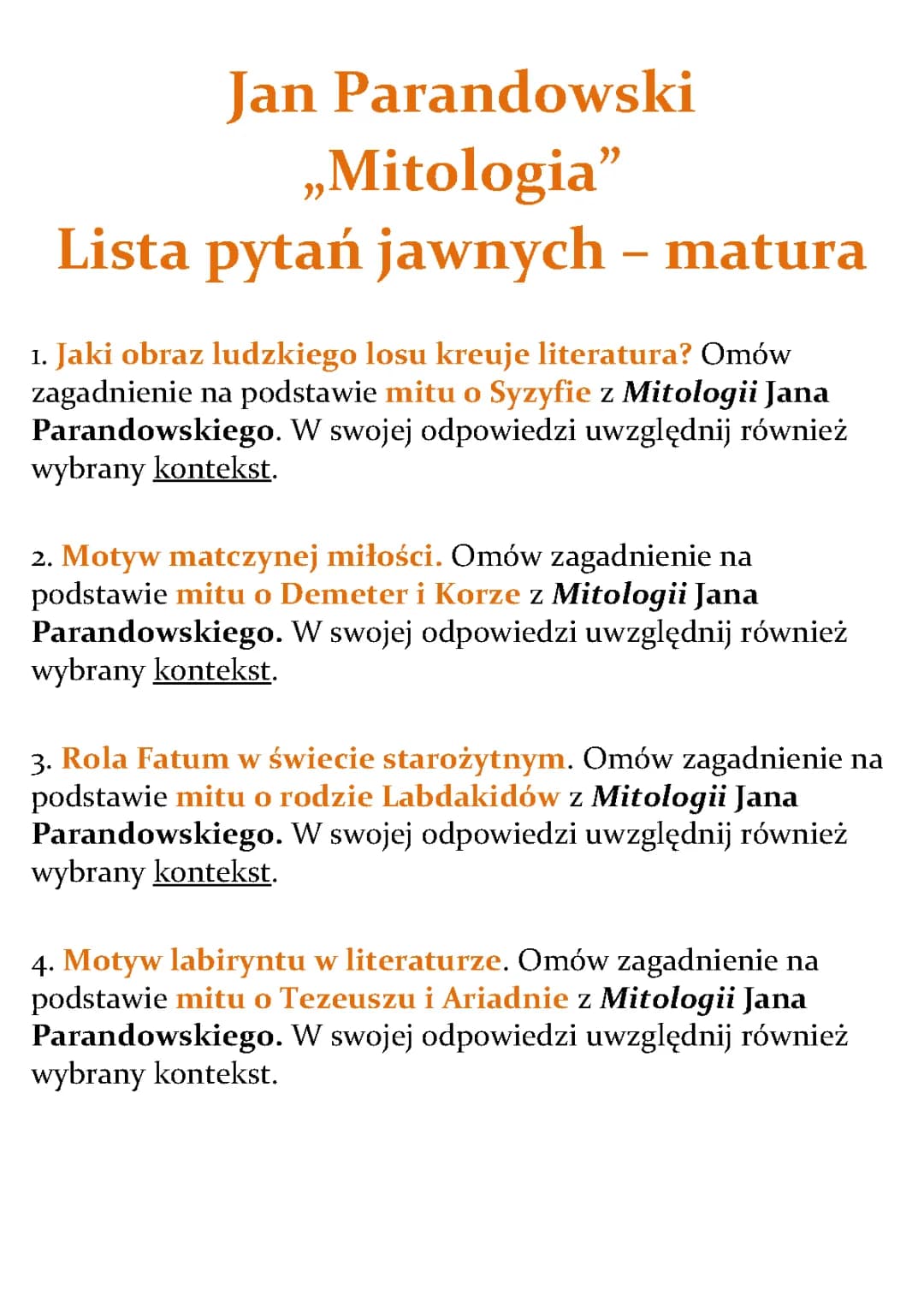 Pytania Jawne Matura 2024-2025: Mitologia Parandowskiego – Odpowiedzi