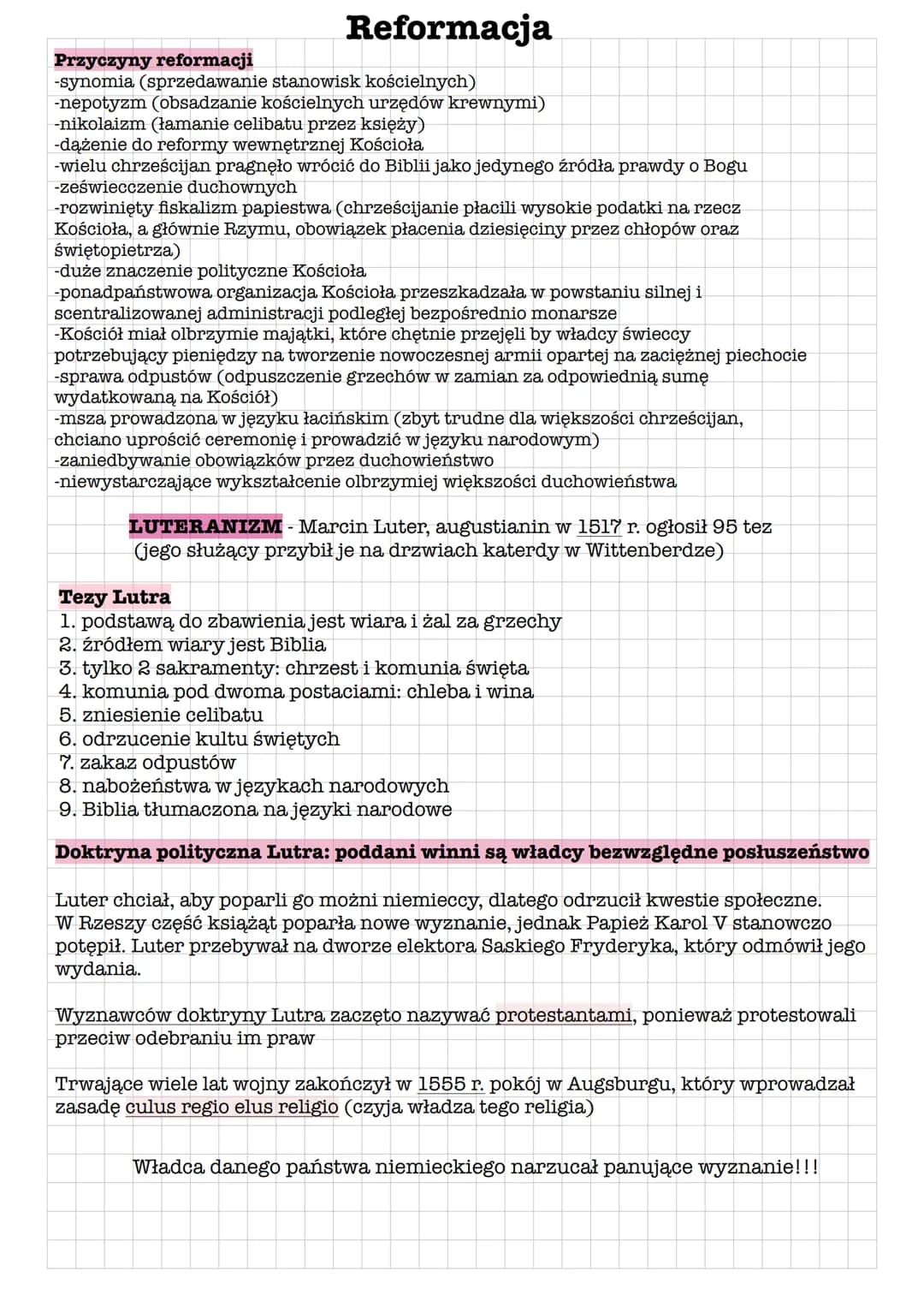 Reformacja
Przyczyny reformacji
-synomia (sprzedawanie stanowisk kościelnych)
-nepotyzm (obsadzanie kościelnych urzędów krewnymi)
-nikolaizm