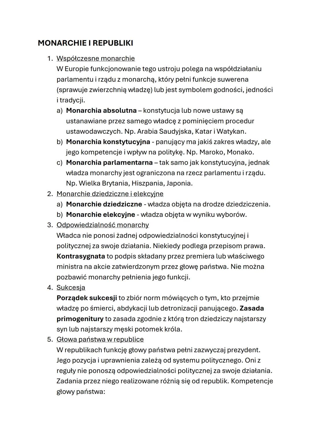 MONARCHIE I REPUBLIKI
1. Współczesne monarchie
W Europie funkcjonowanie tego ustroju polega na współdziałaniu
parlamentu i rządu z monarchą,