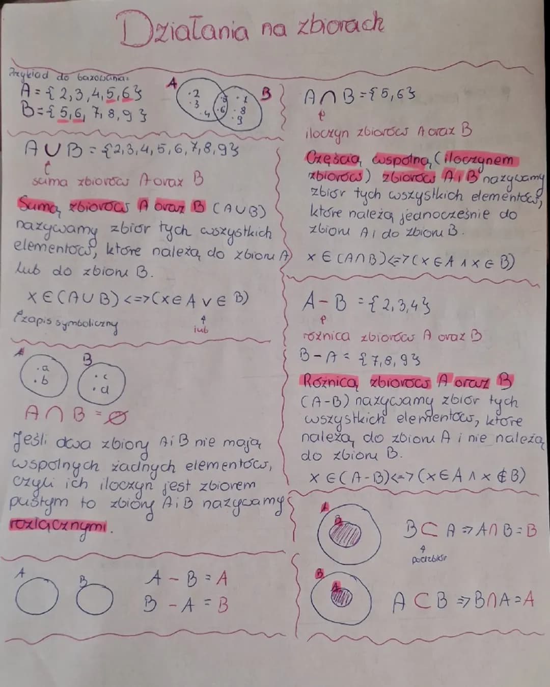 Działania na zbiorach
Przykład do bazowania:
A={2,3,4,5,6}
B={5,6,7,8,9}
A
3
2
6
4
8
9
B
$\cap$B={5,6}
iloczyn zbiorów A oraz B
A$\cup$B={2,