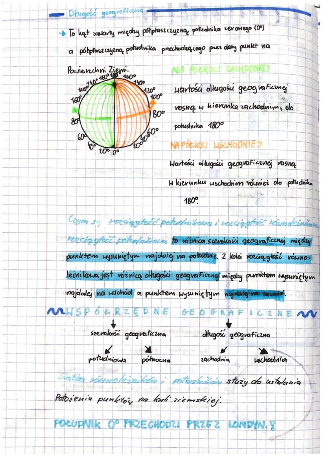 # Geografia

WSPÓŁRZĘDNE GEOGRAFICZNE

Południk 0° 180° wyznaczają półkulę
zachodnią i półkulę wschodnią.

Równik odziela półkulę południową