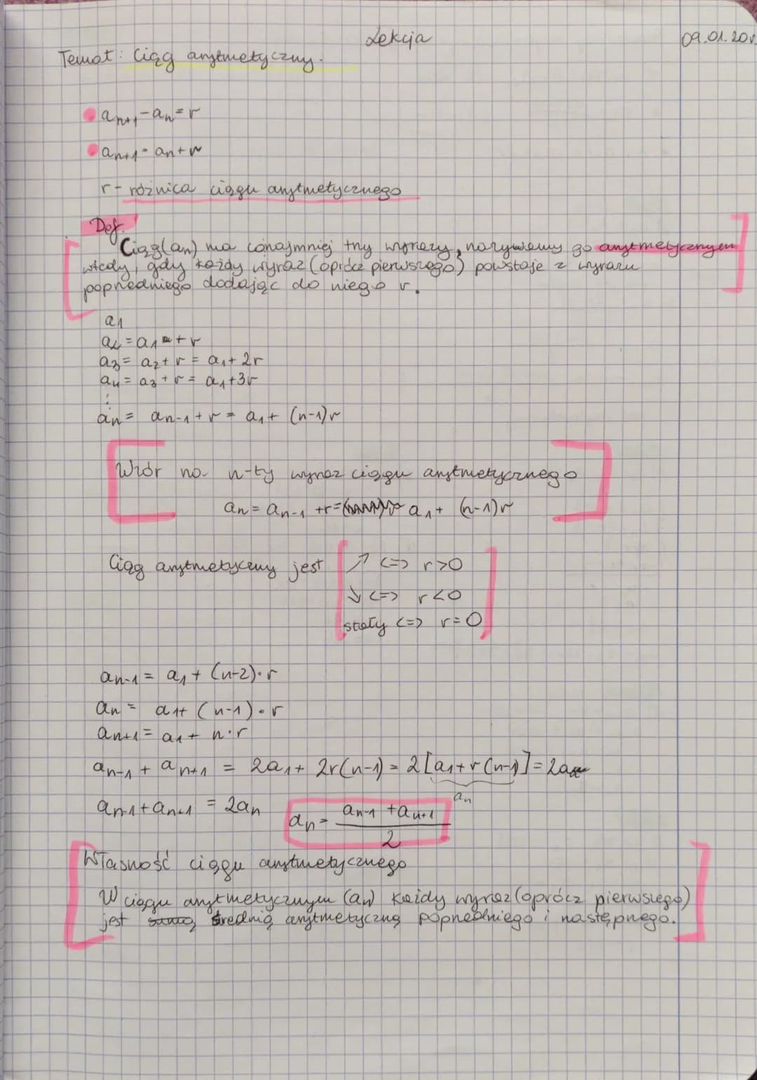 Temat: Ciąg arytmetyczny-
Can-an=r
an
a = a₁ +
Az = a₂+ r = a₁ + 2 r
au = a₂ + √ = α²₁+ 3√
an = αn-₁ + r = a₁ + (^-^) ~
and 1-antw
r- różnic