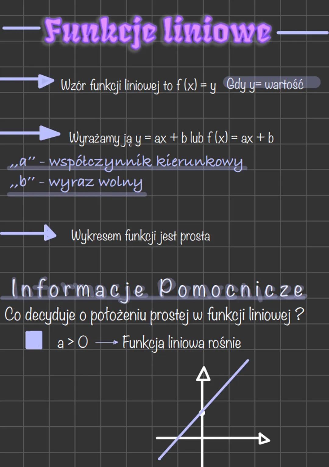 -Funkcje liniowe
Wzór funkcji liniowej to f (x) = y Gdy y= wartość
Wyrażamy ją y = ax + b lub f (x) = ax + b
„a" - współczynnik kierunkowy
„