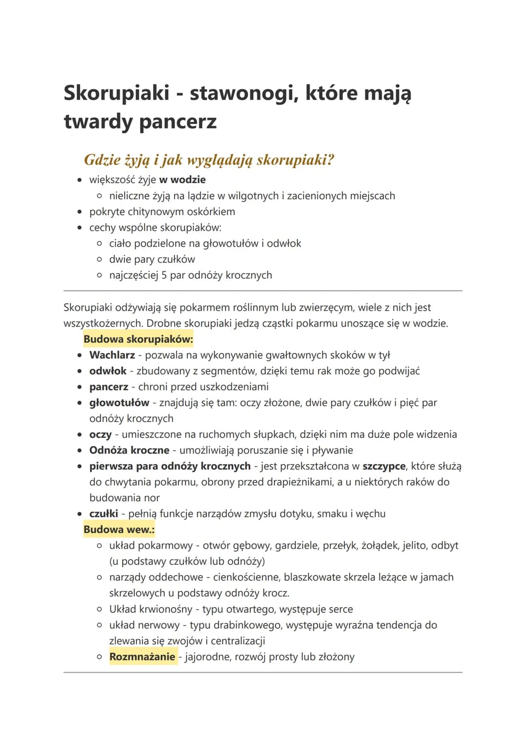 Skorupiaki - stawonogi, które mają
twardy pancerz
Gdzie żyją i jak wyglądają skorupiaki?
większość żyje w wodzie
o nieliczne żyją na lądzie 