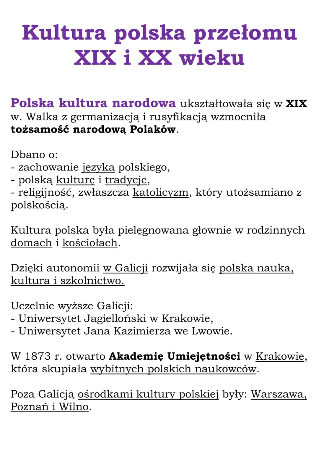 Kultura polska przełomu
XIX i XX wieku
Polska kultura narodowa ukształtowała się w XIX
w. Walka z germanizacją i rusyfikacją wzmocniła
tożsa