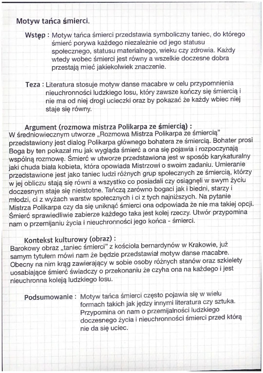 Motyw tańca śmierci.
Wstęp: Motyw tańca śmierci przedstawia symboliczny taniec, do którego
śmierć porywa każdego niezależnie od jego statusu
