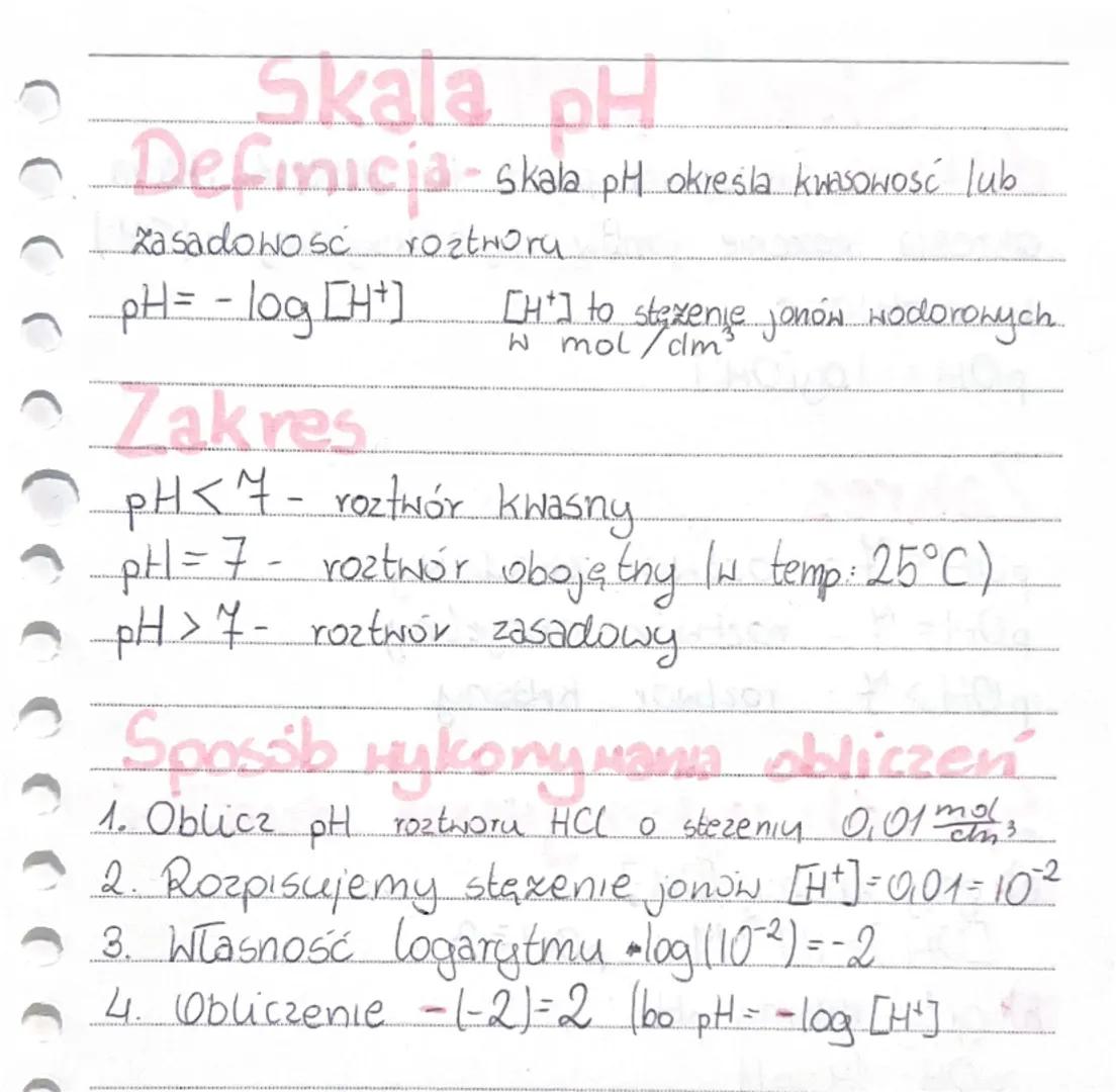 # Skala pH

Definicja - skala pH określa kwasowość lub
zasadowość roztworu

$pH = -log[H^+]$

[H+] to stażenie jonów wodoronych.
W mol/dm²

