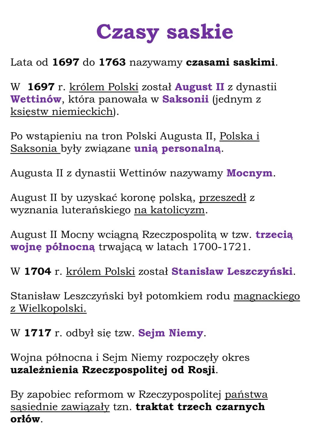 Czasy saskie
Lata od 1697 do 1763 nazywamy czasami saskimi.
W 1697 r. królem Polski został August II z dynastii
Wettinów, która panowała w S