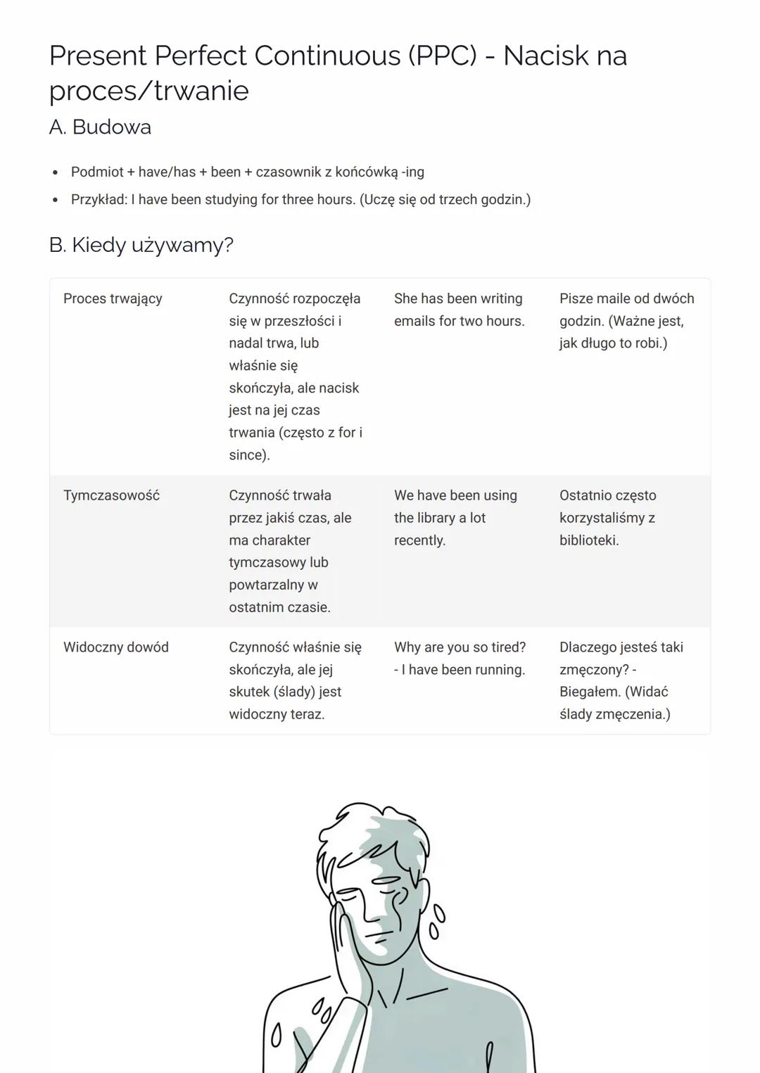 # Present Perfect Continuous (PPC) - Nacisk na
proces/trwanie

## A. Budowa

*   Podmiot + have/has + been + czasownik z końcówką -ing
*   P