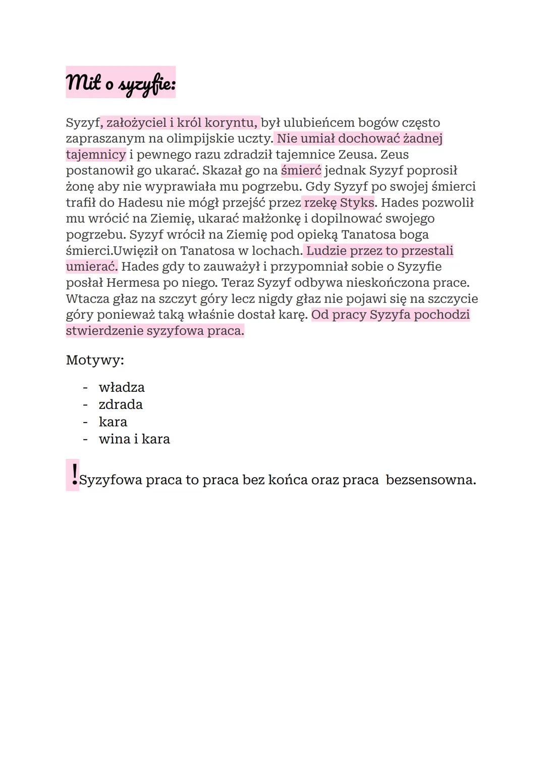 Mit o syzyfie:
Syzyf, założyciel i król koryntu, był ulubieńcem bogów często
zapraszanym na olimpijskie uczty. Nie umiał dochować żadnej
taj