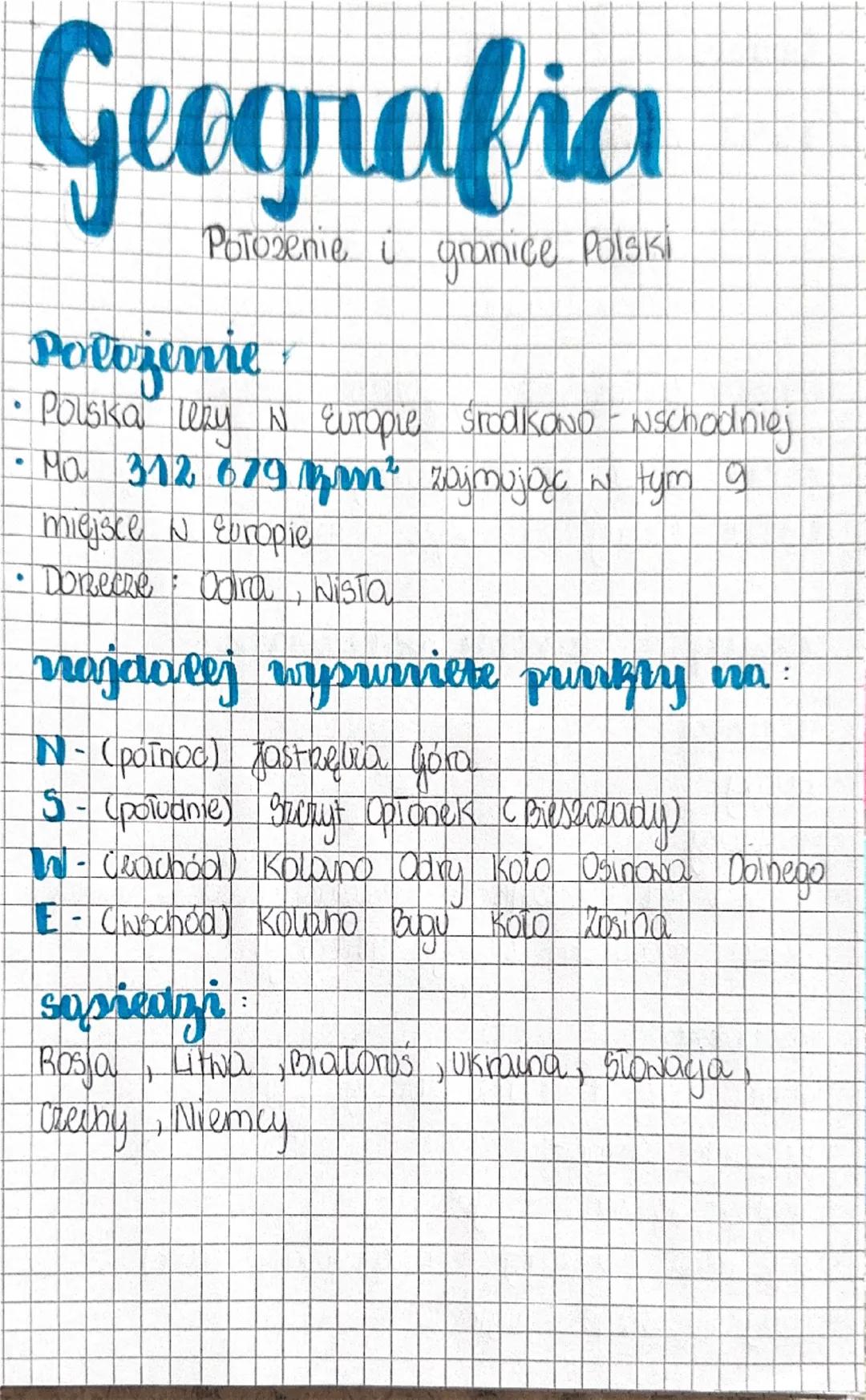 ## Geografia

Położenie i granice Polski

### Położenie

- Polska leży w Europie Środkowo-Wschodniej
- Ma 312 679 $km^2$ zajmując w tym 9
mi