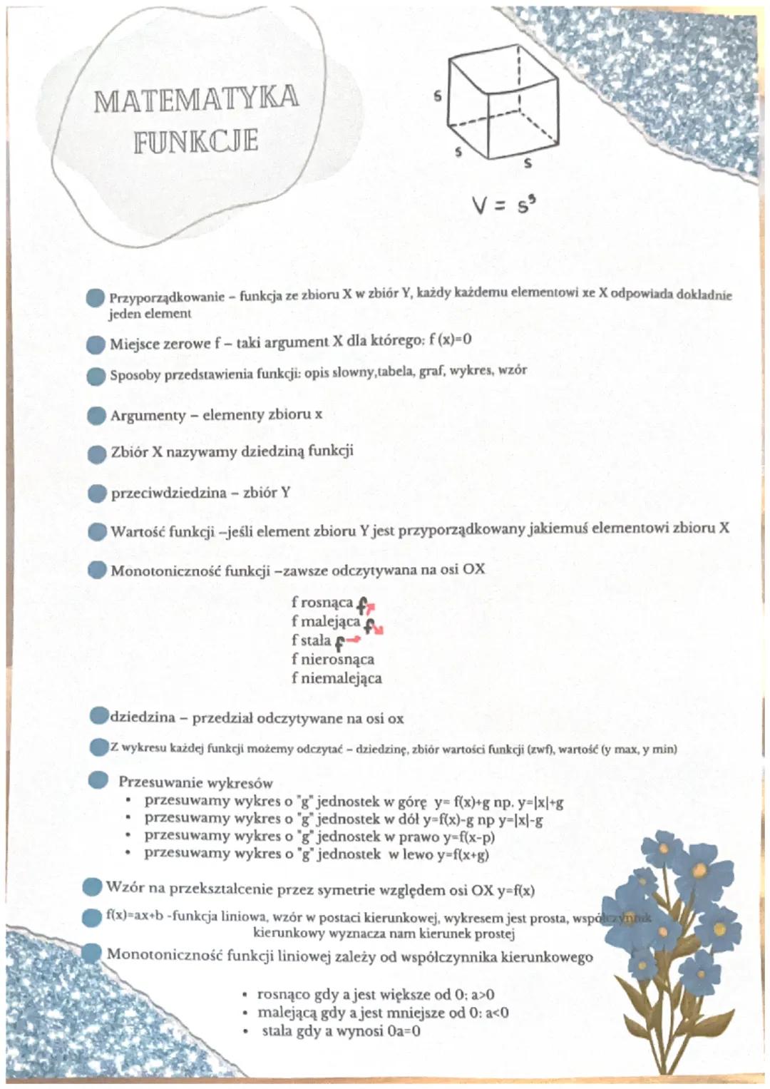 MATEMATYKA
FUNKCJE
Przyporządkowanie - funkcja ze zbioru X w zbiór Y, każdy każdemu elementowi xe X odpowiada dokladnie
jeden element
Argume