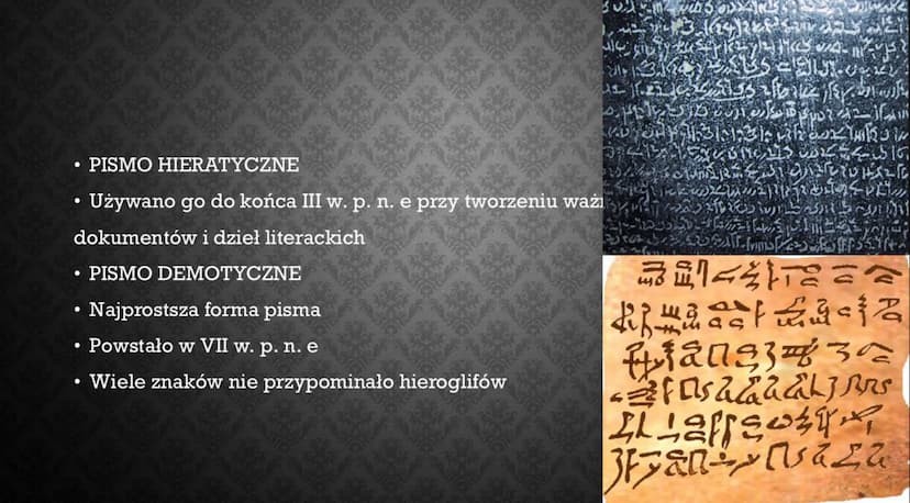 KULTURA STAROŻYTNEGO
EGIPTU
Aleksandra Karwowska la
*
14 ●
seise
• PISMO HIEROGLIFICZNE - nazywane świętymi znakami,
Używano go do uwiecznia