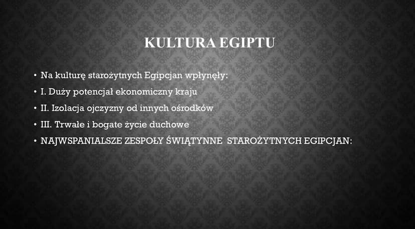 KULTURA STAROŻYTNEGO
EGIPTU
Aleksandra Karwowska la
*
14 ●
seise
• PISMO HIEROGLIFICZNE - nazywane świętymi znakami,
Używano go do uwiecznia