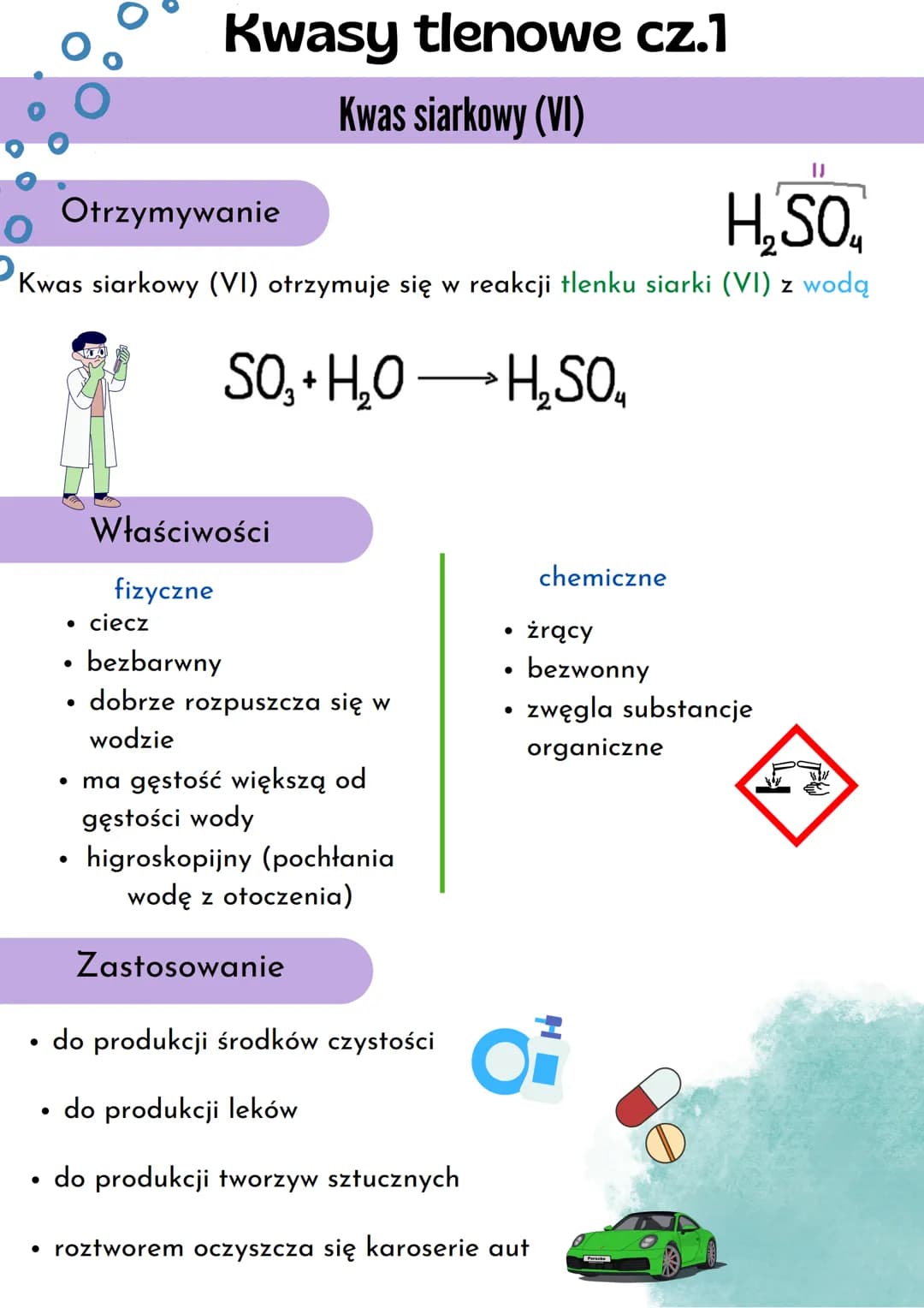 ||
Otrzymywanie
H₂SO
Kwas siarkowy (VI) otrzymuje się w reakcji tlenku siarki (VI) z wodą
SO3 + H₂O → H₂SO
●
●
Kwasy tlenowe cz.1
Kwas siark