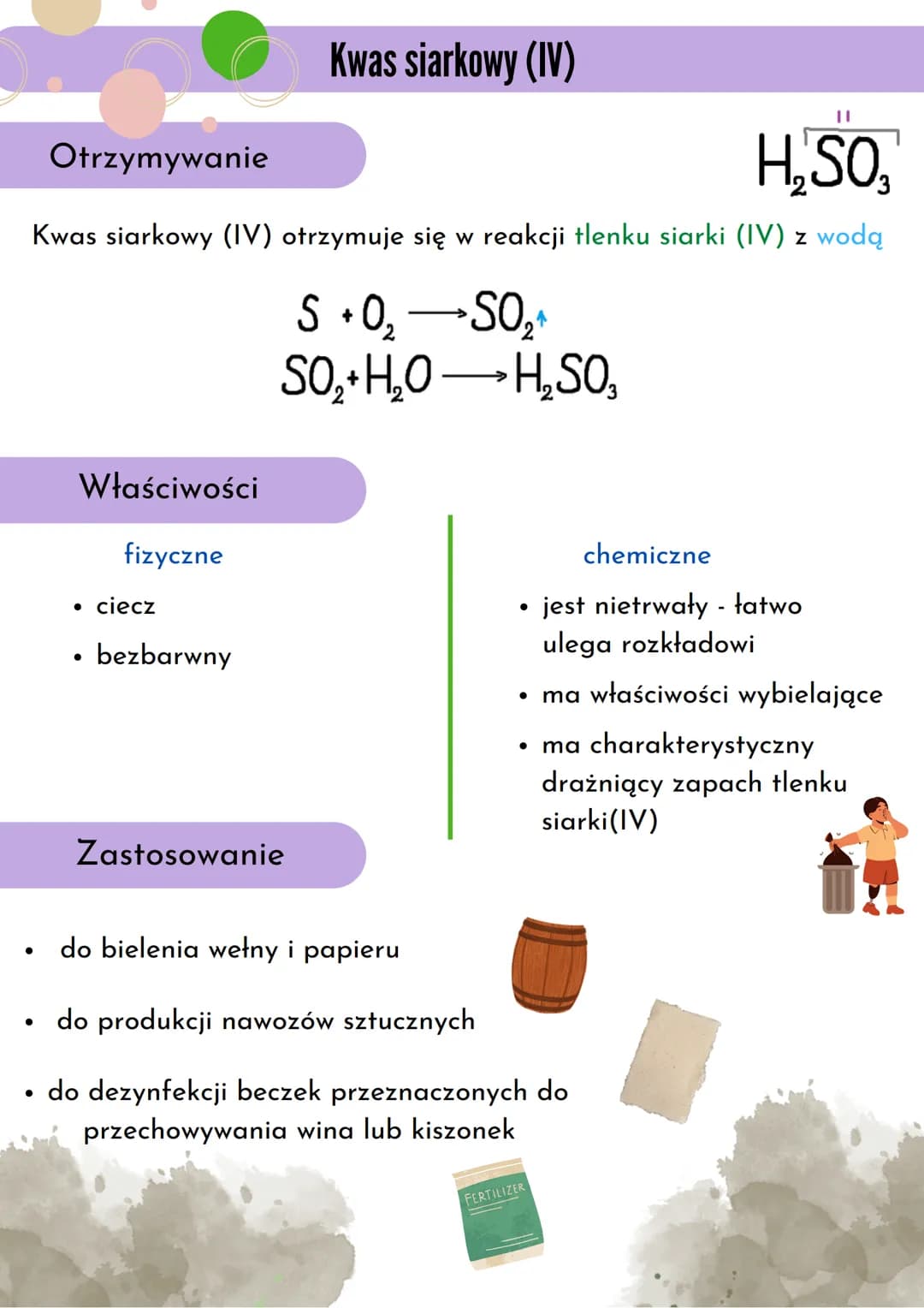 ||
Otrzymywanie
H₂SO
Kwas siarkowy (VI) otrzymuje się w reakcji tlenku siarki (VI) z wodą
SO3 + H₂O → H₂SO
●
●
Kwasy tlenowe cz.1
Kwas siark