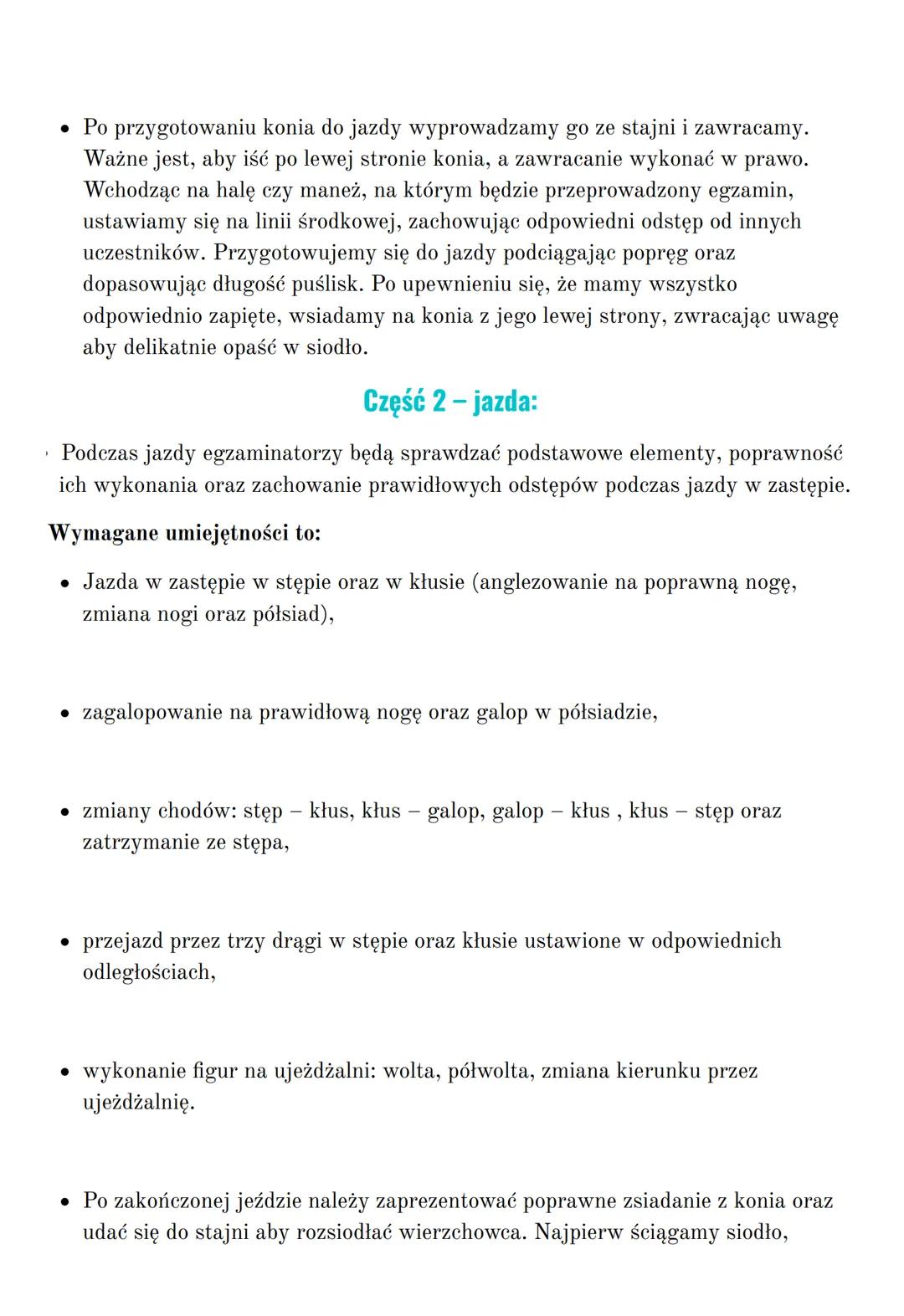 )
Odznaka ,,jeżdżę konno"
(przygotowania)
Warunki przeprowadzenia egzaminu:
Egzamin składa się z dwóch części: opieka stajenna oraz jazda, n
