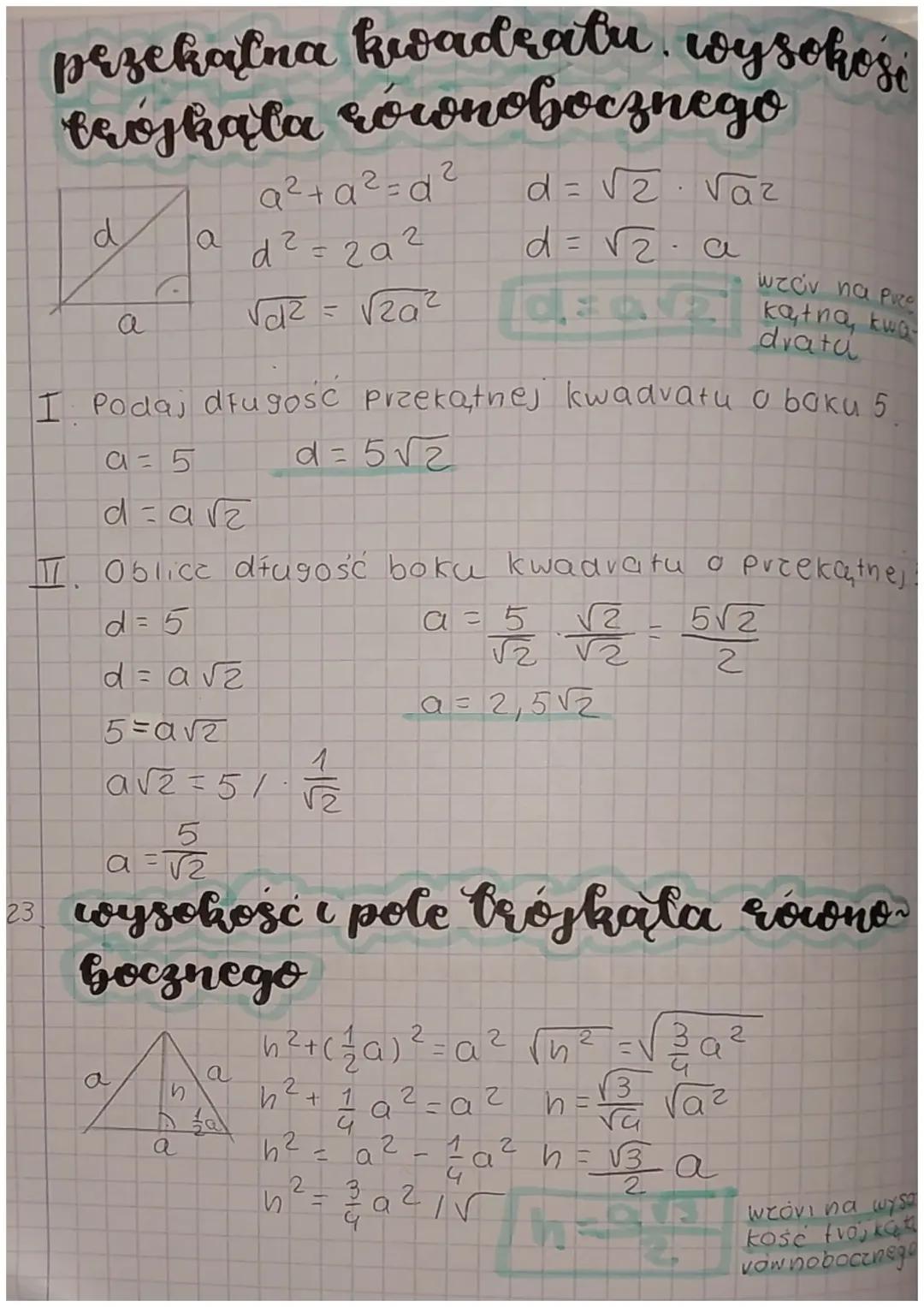 Jak obliczyć przekątną kwadratu i wysokość trójkąta równobocznego?