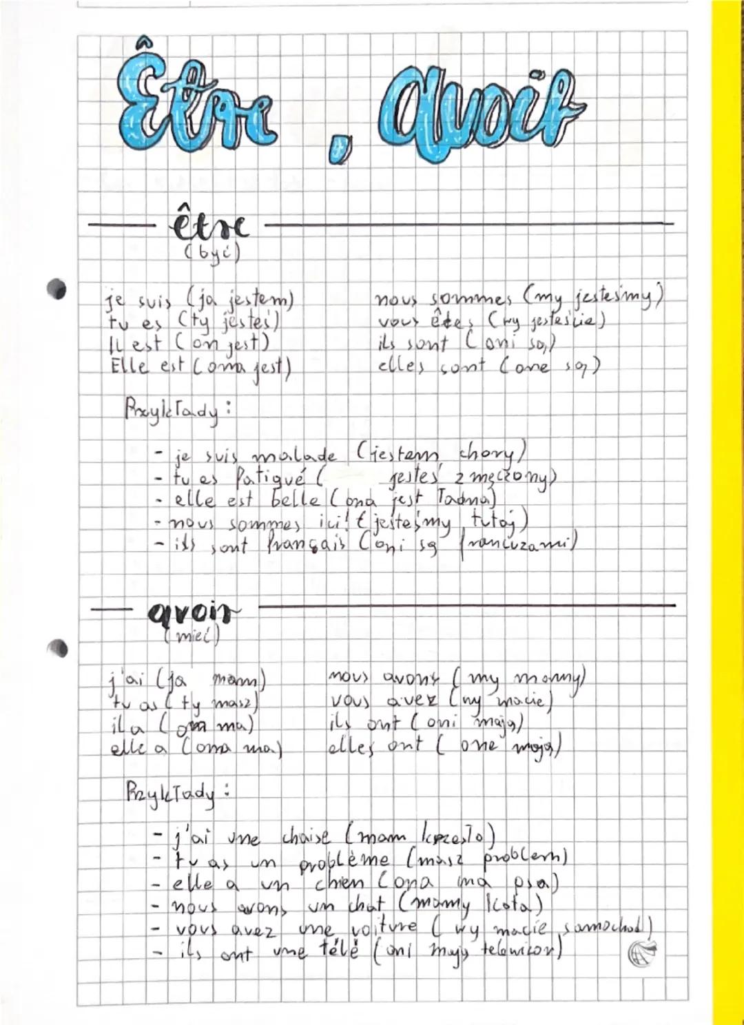 # Étre, Avoir

- être
(być)

je suis (ja jestem)
tu es (ty jestes)
Lest (on jest)
Elle est Coma jest)

Praye Tady:

nous sommes (my jesteśmy