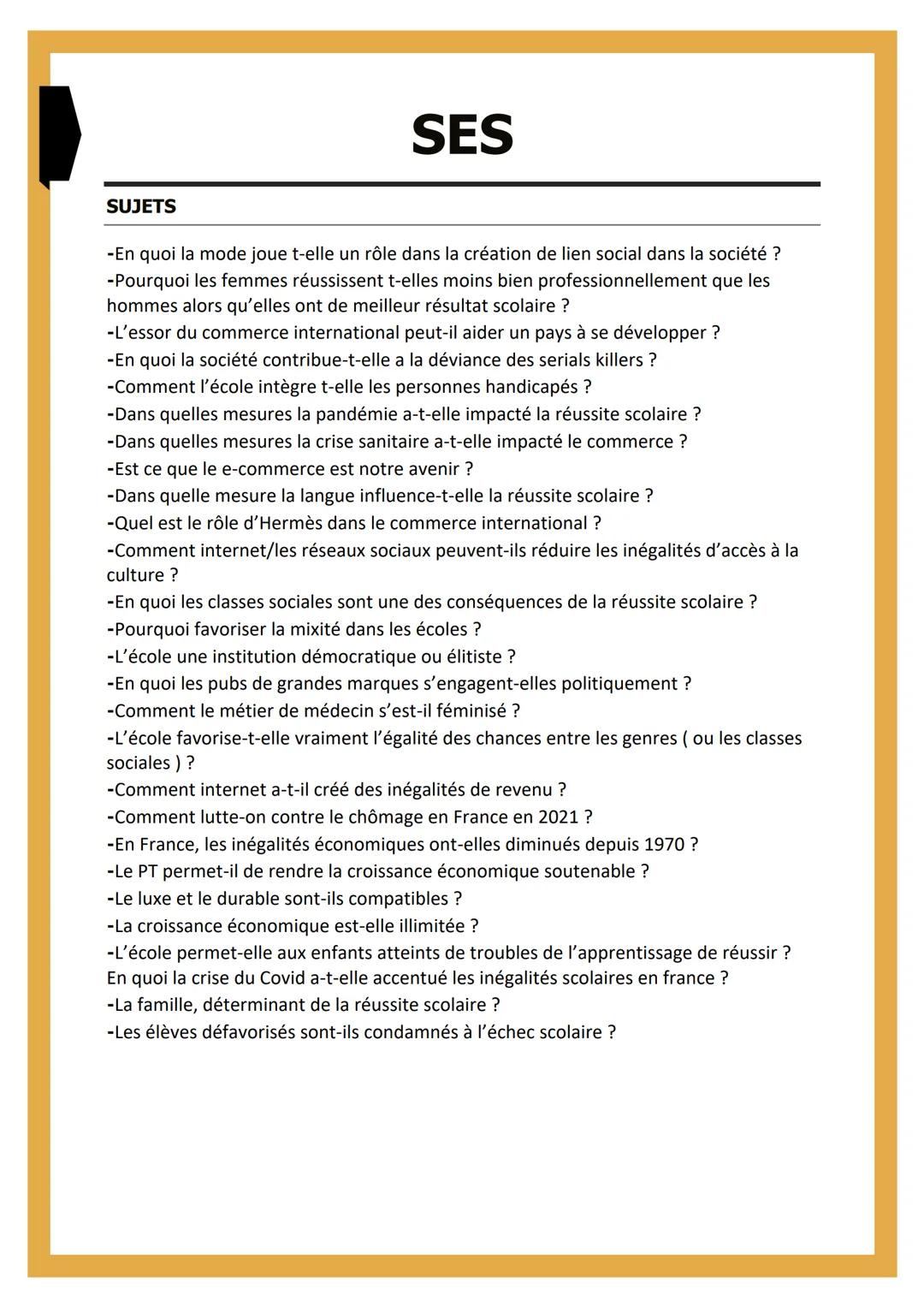 SUJETS

SES

-En quoi la mode joue t-elle un rôle dans la création de lien social dans la société ?
-Pourquoi les femmes réussissent t-elles