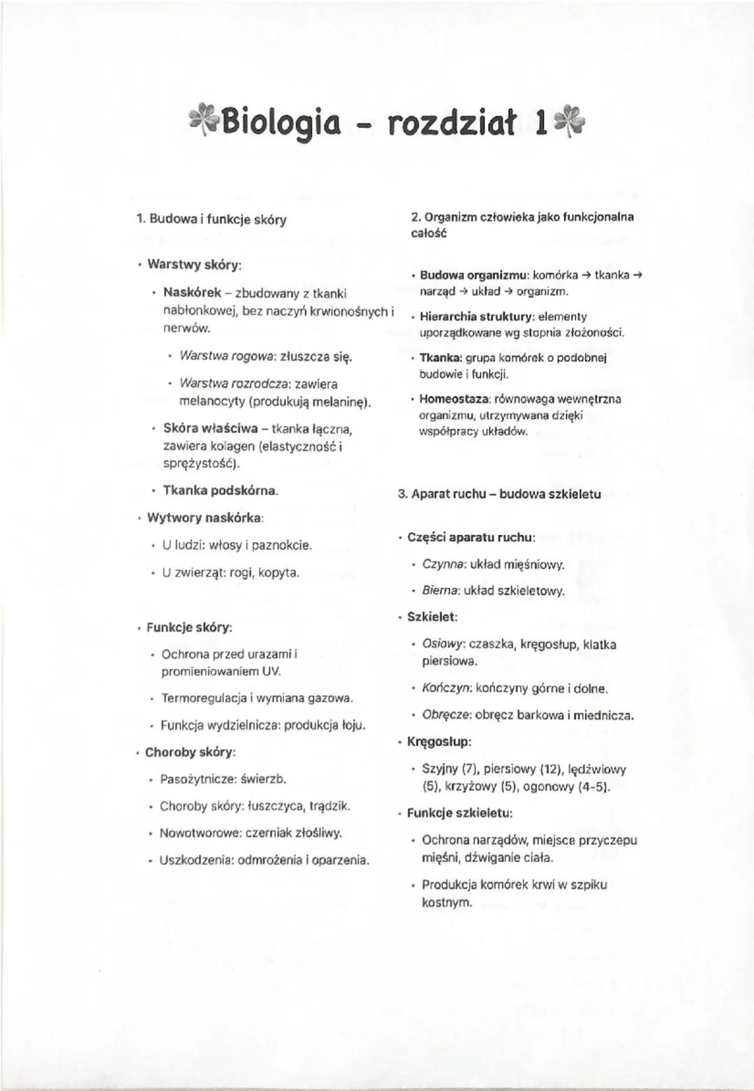 Biologia - rozdział 1*
1. Budowa i funkcje skóry
⚫ Warstwy skóry:
⚫ Naskórek - zbudowany z tkanki
nabłonkowej, bez naczyń krwionośnych i
ner