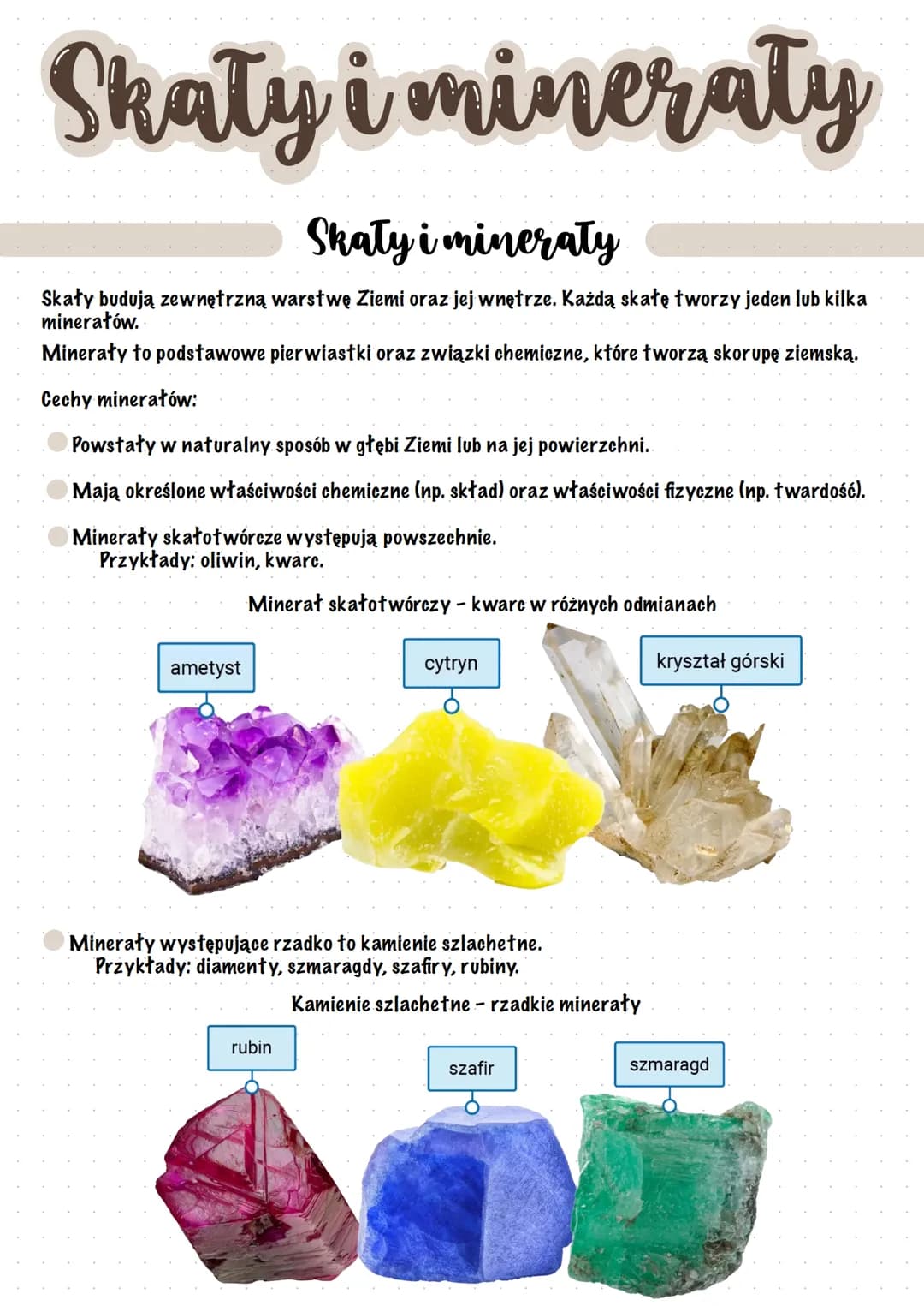 Skaty i minerały
Skały i minerały
Skały budują zewnętrzną warstwę Ziemi oraz jej wnętrze. Każdą skałę tworzy jeden lub kilka
minerałów.
Mine