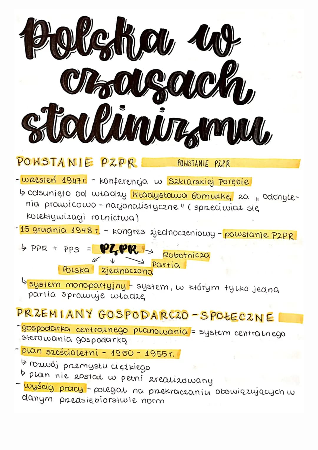 Polska w
czasach
stalinizmu
POWSTANIE
PZPR
POWSTANIE PAPR
- wrzesień 1947 r. konferencja w Szklarskiej Porębie
↳odsunięto od wiadzy Władysta