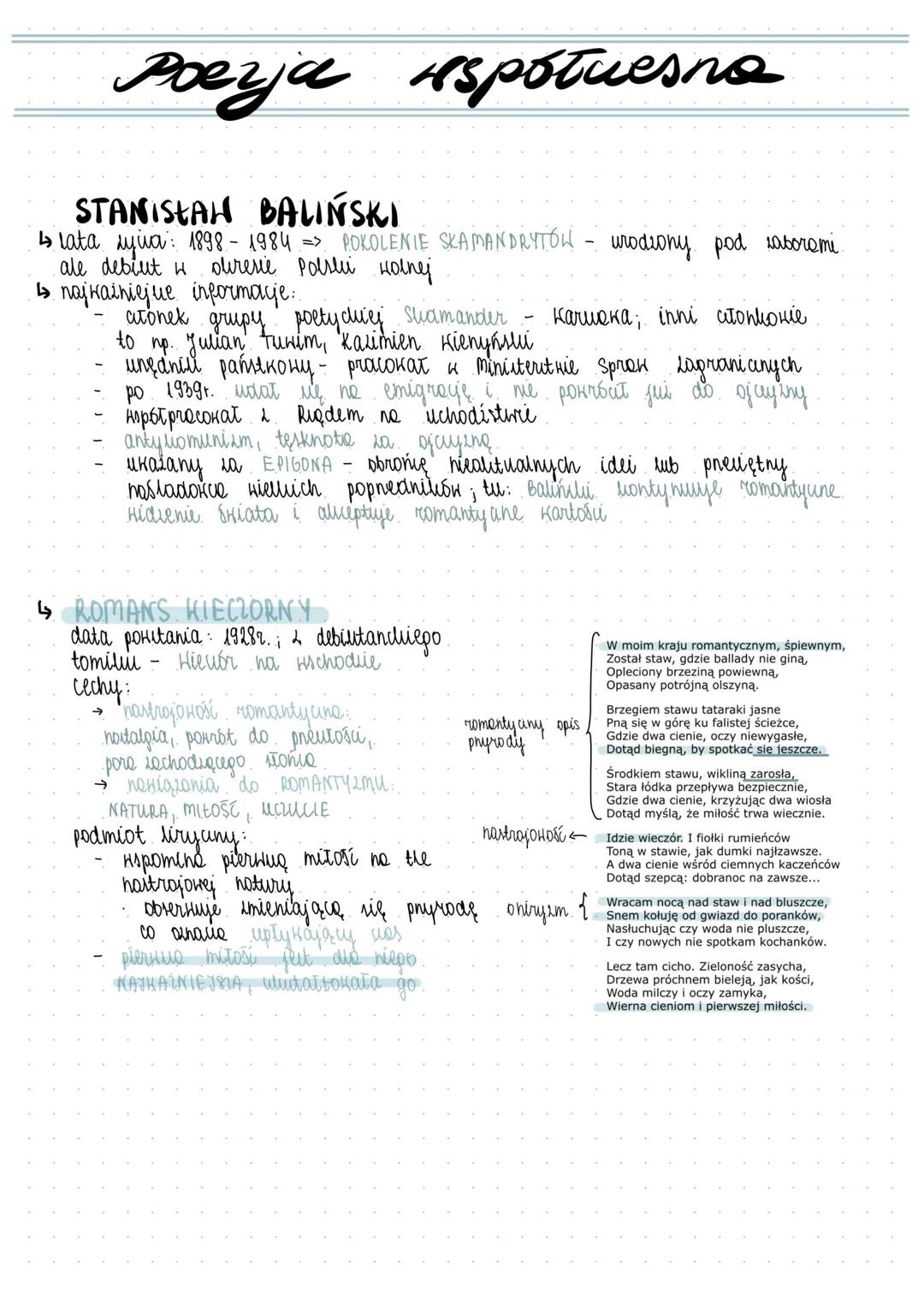 Poezja uspotuesna
STANISTAN BALIŃSKI
↳ lata syia: 1898 - 1984 => POKOLENIE SKAMANDRYTÓW - wrodzony pod saborami
olresie Polslei wolnej
ale d