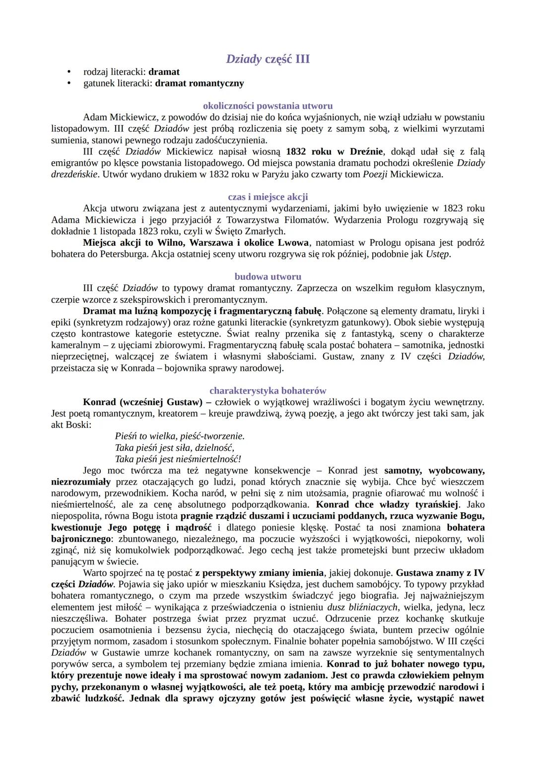 --- OCR Start ---
Dziady część III
⚫ rodzaj literacki: dramat
gatunek literacki: dramat romantyczny
okoliczności powstania utworu
Adam Micki