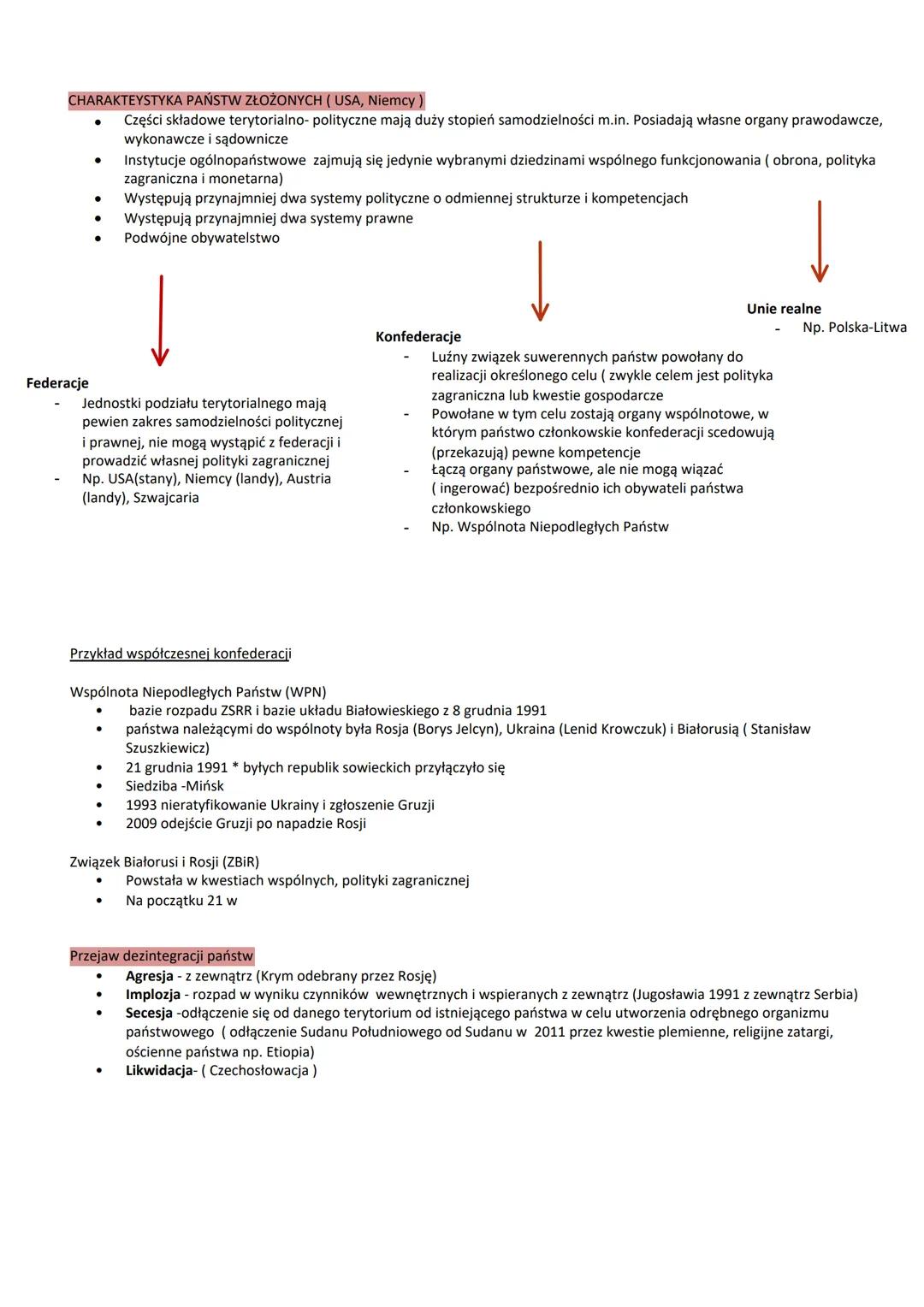 WSPÓŁCZESNE USTROJE TERYTORIALNO-PRAWNE
Podział państwa ze względu na ustrój terytorialny
Unitarne
(jednolite)
-bezpośredni wpływ
-pionowa r