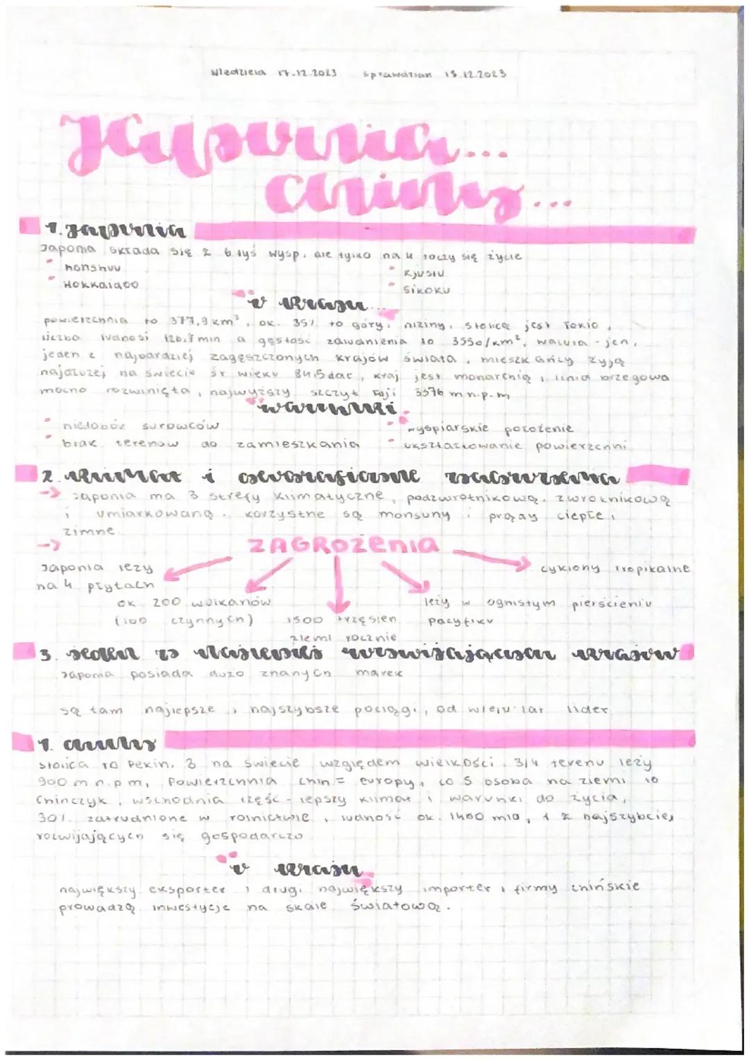Geografia Klasa 8: Japonia i Chiny – Kartkówka