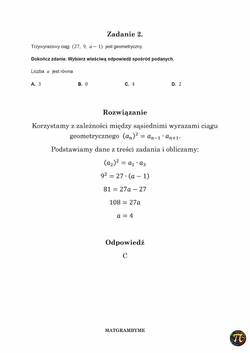 CIĄG GEOMETRYCZNY
Wzór na n-ty wyraz ciągu geometrycznego danego dla
n≥ 1, w którym pierwszy wyraz to a₁, zaś iloraz to q ma
postać
an = a₁.