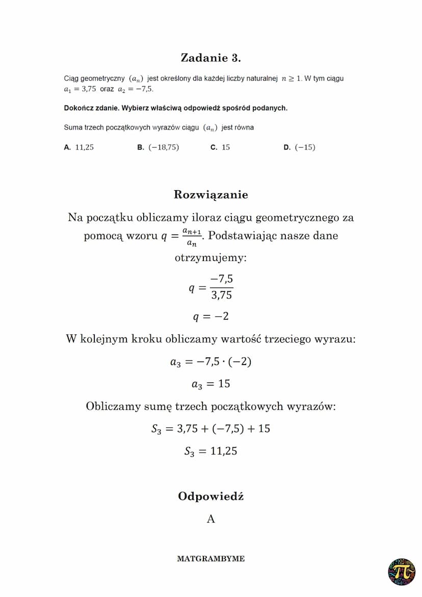 CIĄG GEOMETRYCZNY
Wzór na n-ty wyraz ciągu geometrycznego danego dla
n≥ 1, w którym pierwszy wyraz to a₁, zaś iloraz to q ma
postać
an = a₁.