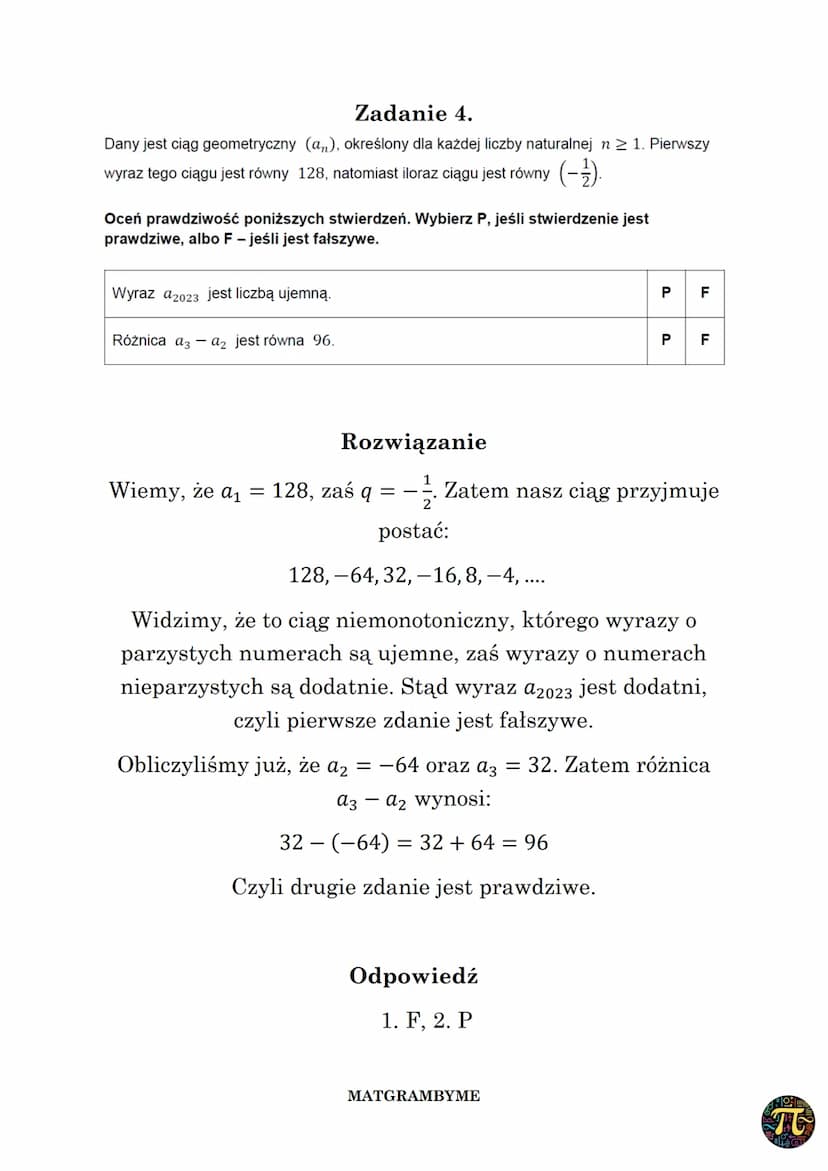 CIĄG GEOMETRYCZNY
Wzór na n-ty wyraz ciągu geometrycznego danego dla
n≥ 1, w którym pierwszy wyraz to a₁, zaś iloraz to q ma
postać
an = a₁.