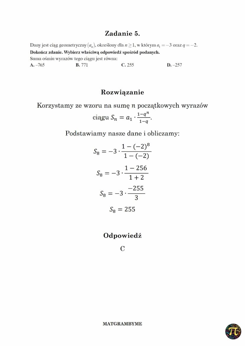 CIĄG GEOMETRYCZNY
Wzór na n-ty wyraz ciągu geometrycznego danego dla
n≥ 1, w którym pierwszy wyraz to a₁, zaś iloraz to q ma
postać
an = a₁.