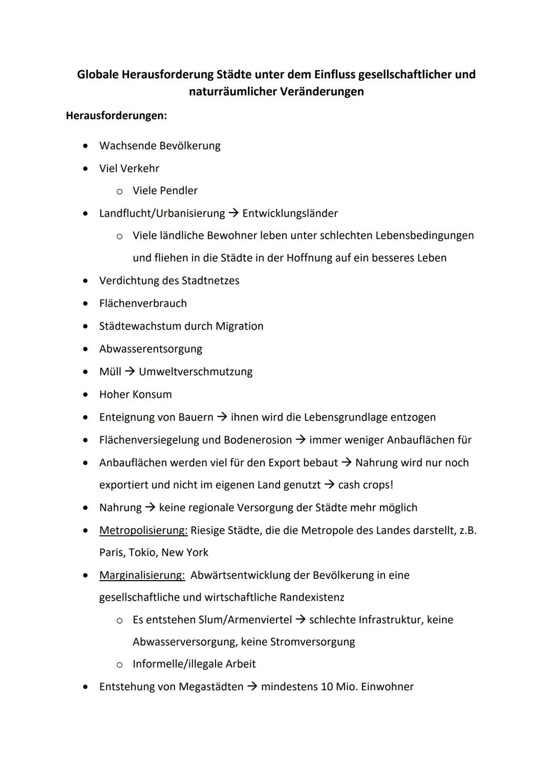 Globale Herausforderung Städte unter dem Einfluss gesellschaftlicher und
naturräumlicher Veränderungen

Herausforderungen:

- Wachsende Bevö