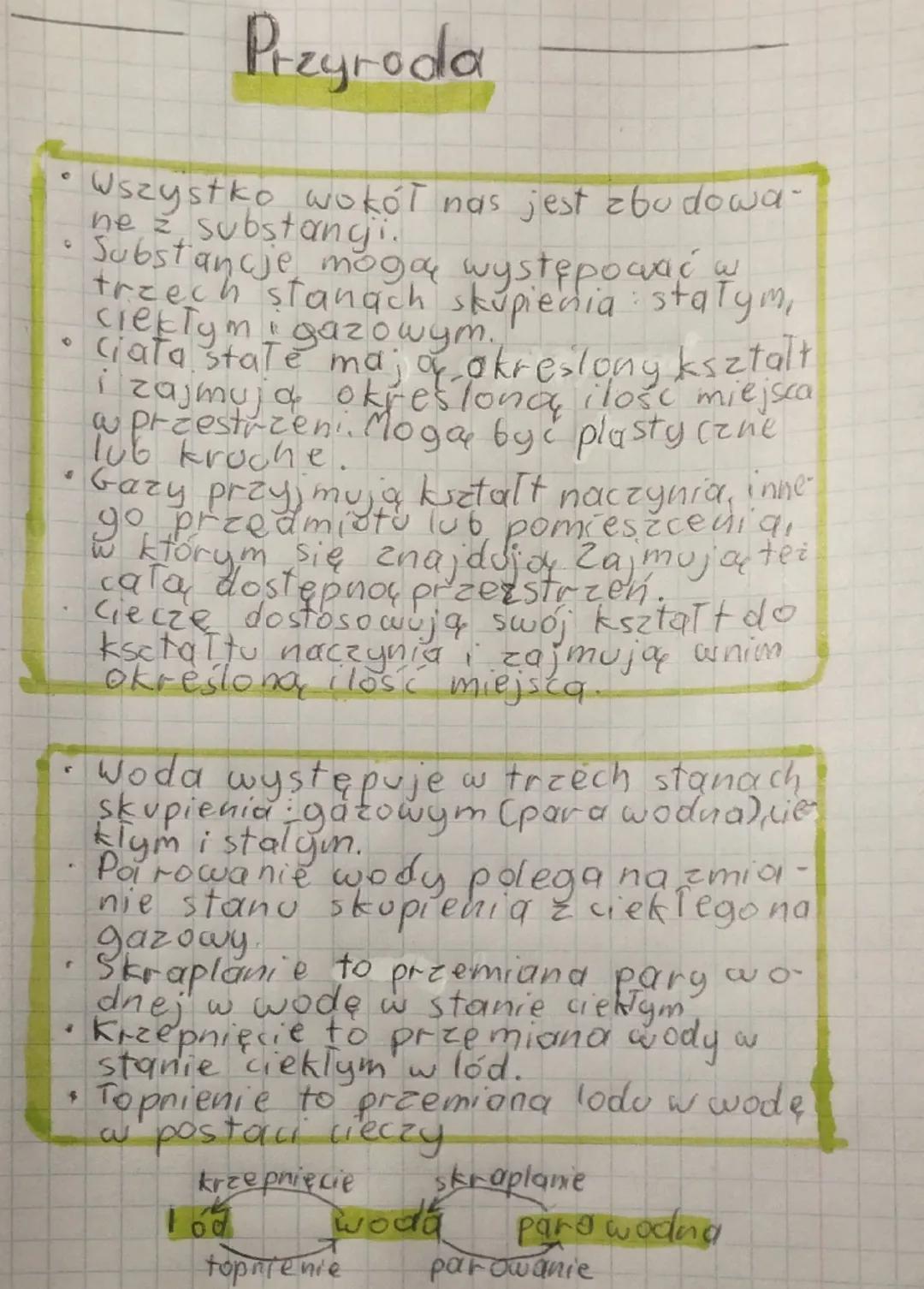 9
9
9
Przyroda
Wszystko wokół nas jest zbudowa-
ne = substangi
z
Substancje mogą występować w
trzech stanach skupienia stałym,
ciekłymi gazo