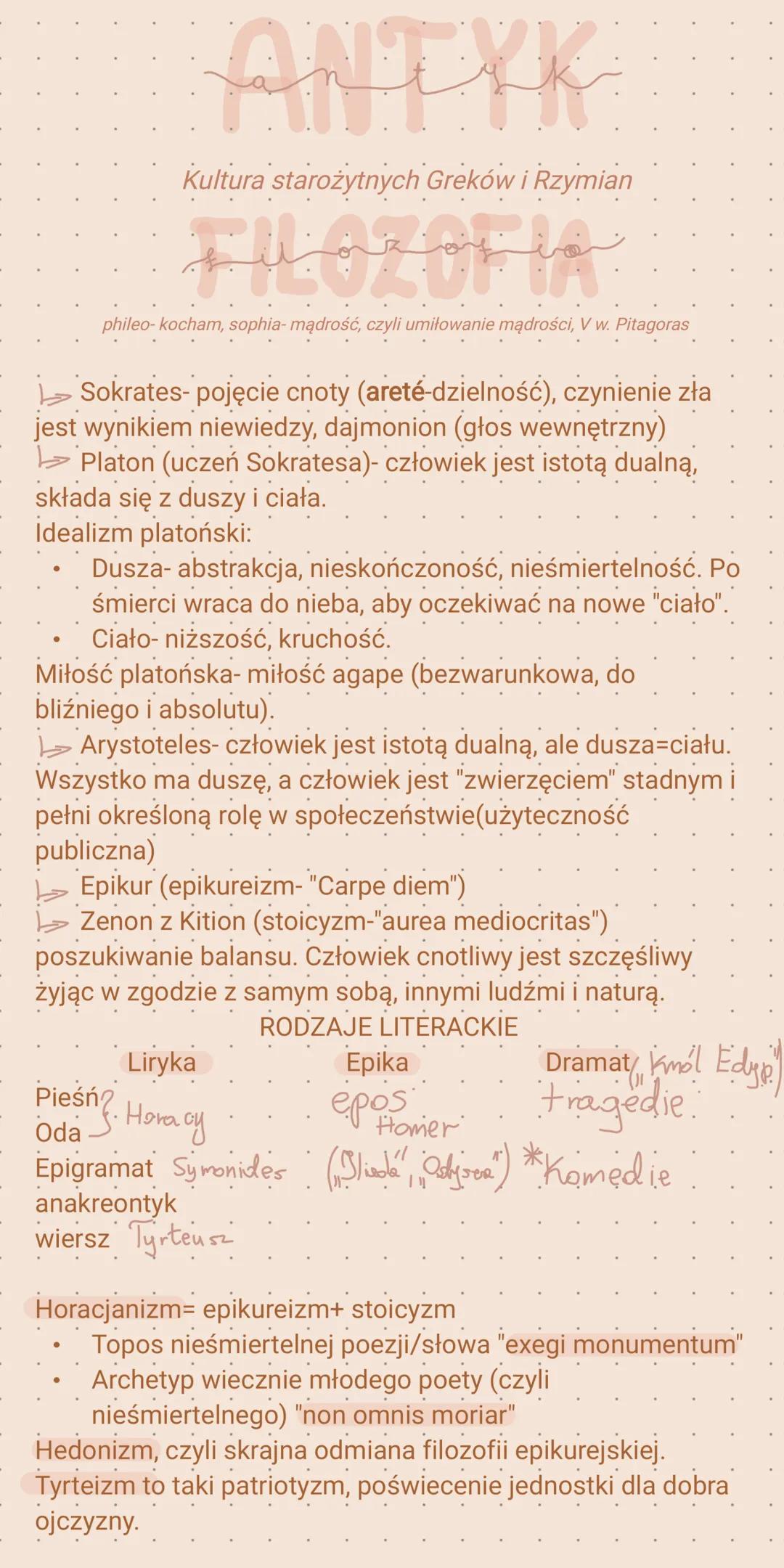 # ANTYK

Kultura starożytnych Greków i Rzymian

# FILOZOFIA

phileo-kocham, sophia- mądrość, czyli umiłowanie mądrości, V w. Pitagoras

►Sok