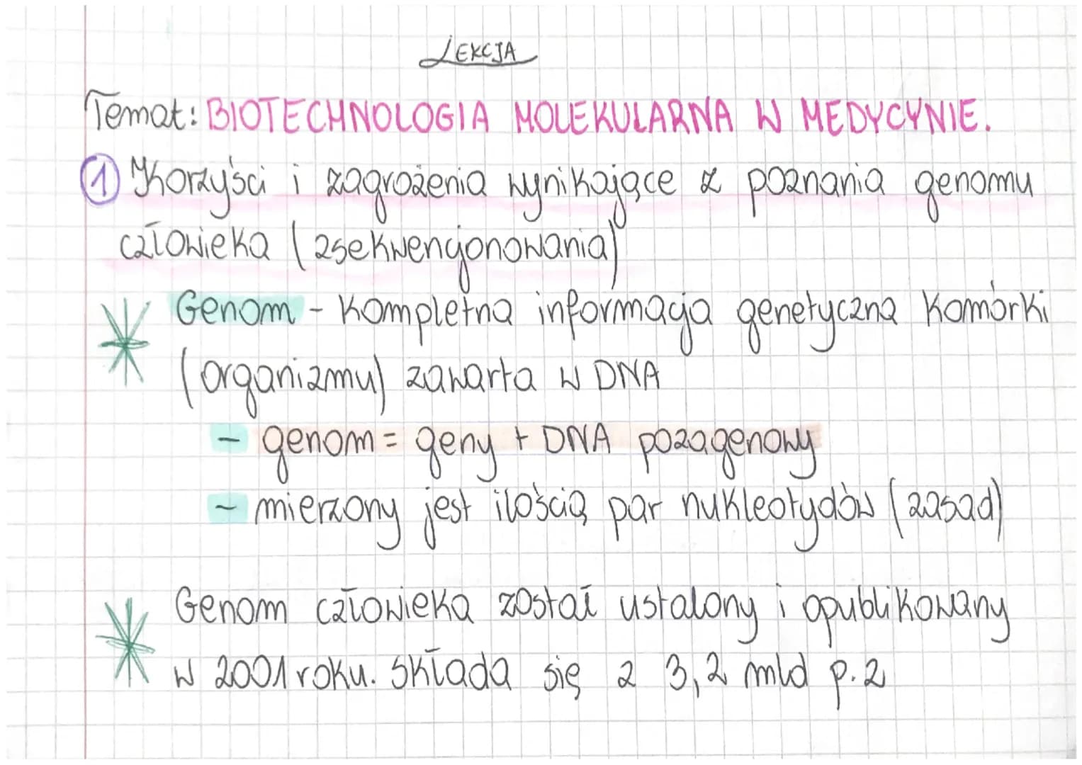 Јекста
Temat: BIOTECHNOLOGIA MOLEKULARNA W MEDYCYNIE.
Ⓒ) Korzyści i zagrażenia wynikające & poznania genomu
człowieka ( 2sekwencjonowania)
*