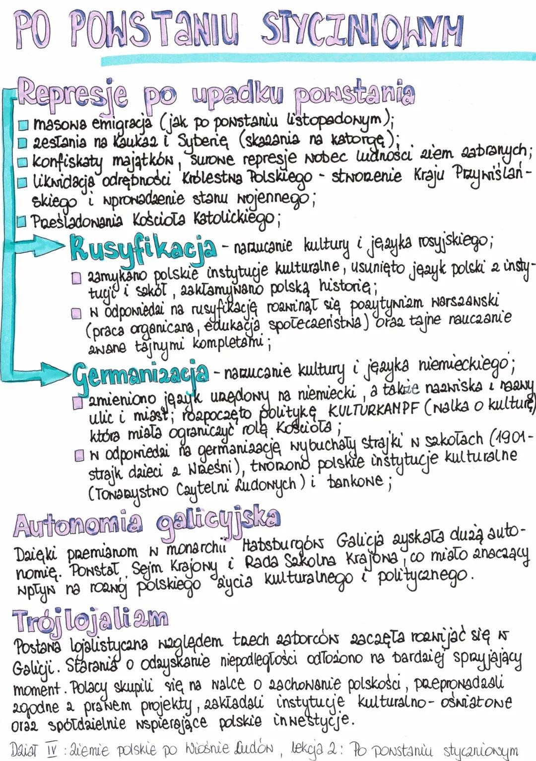 --- OCR Start ---
PO POWSTANIU STYCZNIOWYM
Represje po upadku powstania
- masowa emigracja (jak po powstaniu listopadowym);
- zesłania na Ka