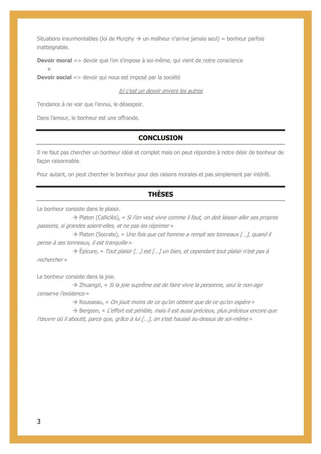 # 3- LE BONHEUR

INTRODUCTION

Bonheur => état de satisfaction durable et conscient
Durable => cela reste relatif
Conscient => connaissance 