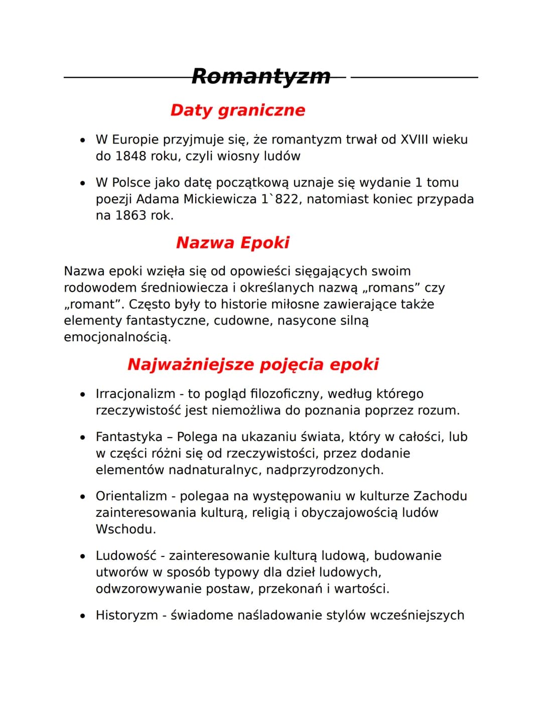 Romantyzm
Daty graniczne
• W Europie przyjmuje się, że romantyzm trwał od XVIII wieku
do 1848 roku, czyli wiosny ludów
●
W Polsce jako datę 
