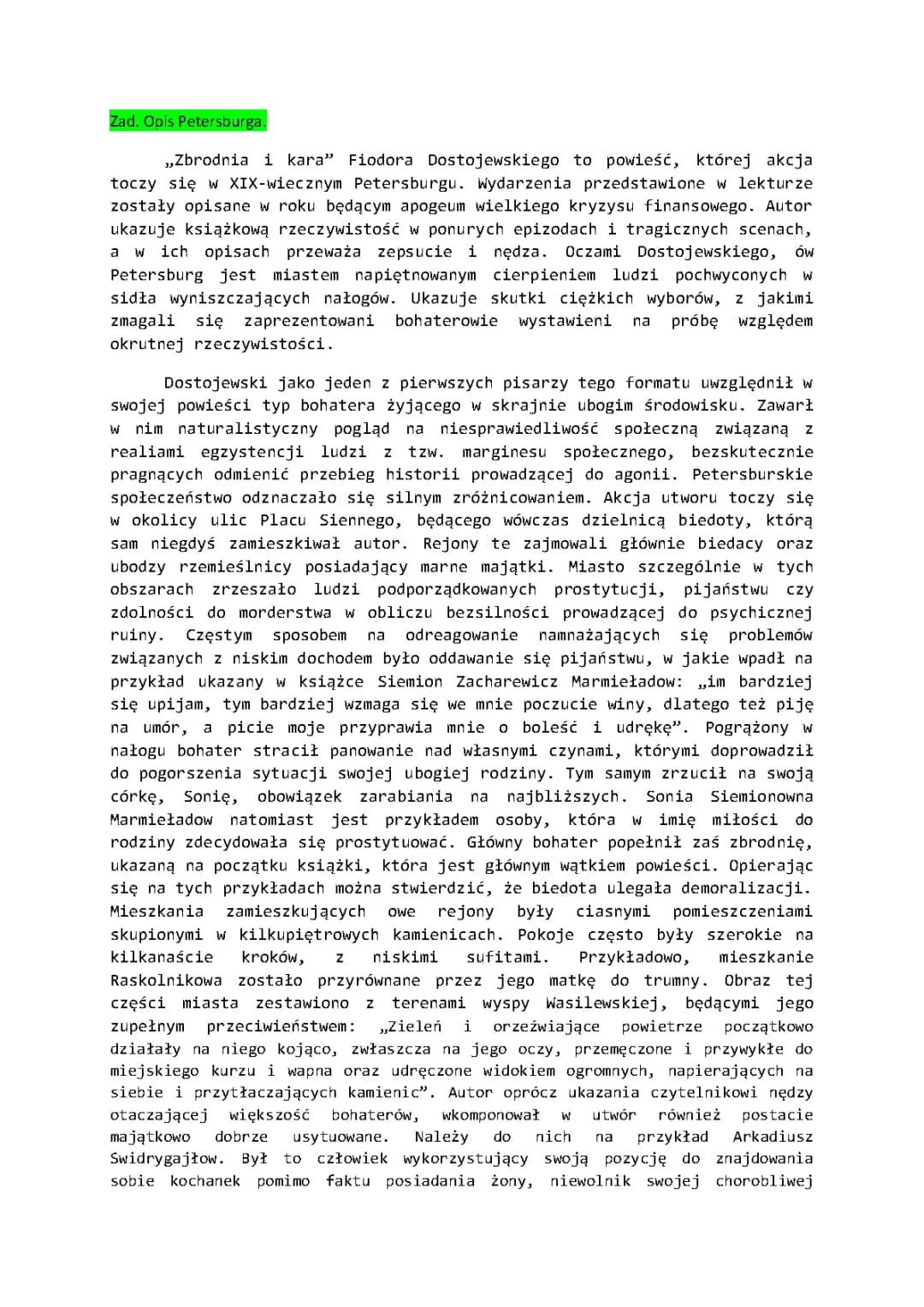 Opis Petersburga w Zbrodni i karze - Cytaty i Obraz Miasta