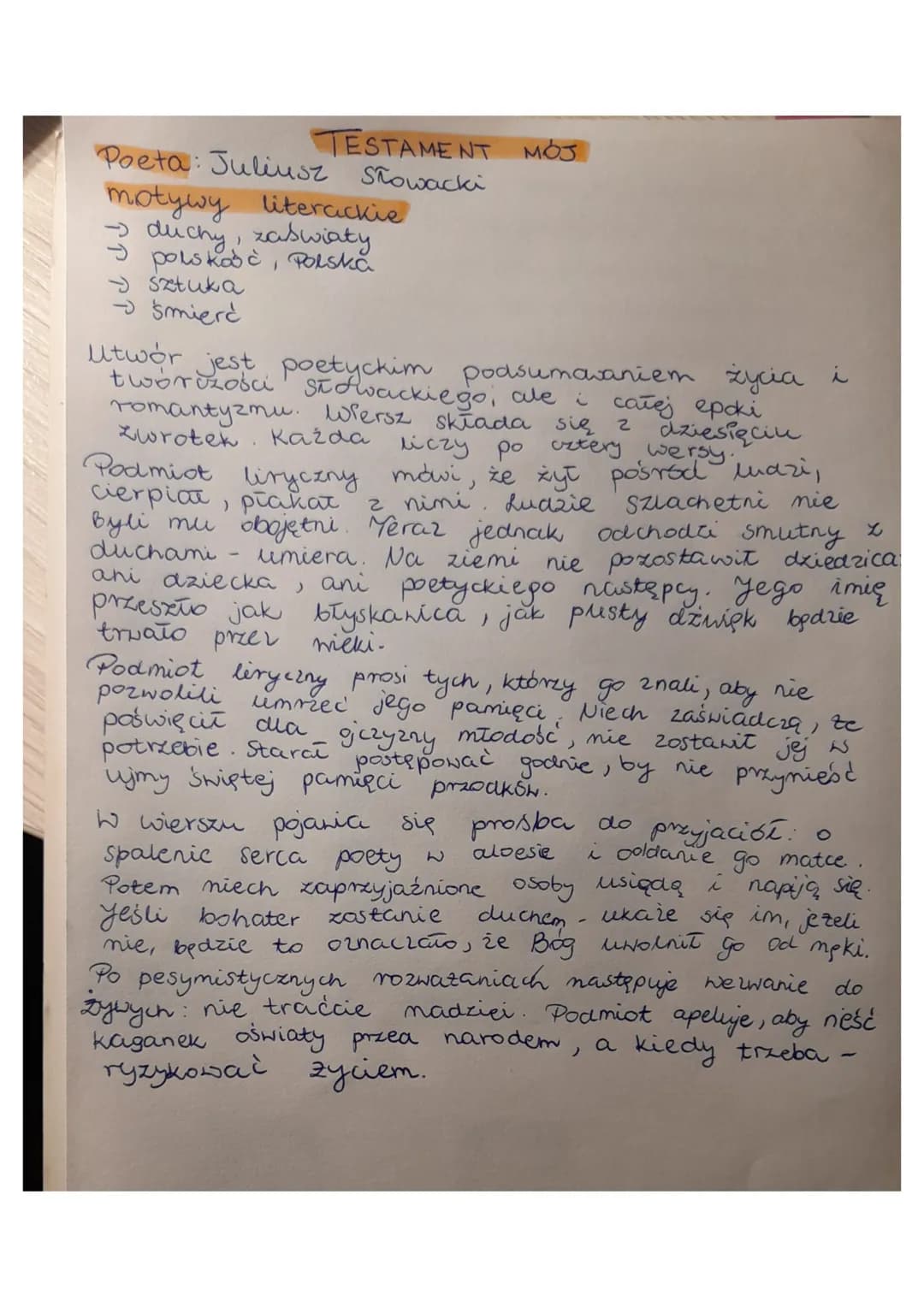 TESTAMENT MÓJ
Poeta: Juliusz Słowacki
motywy literackie
- duchy, zaświaty
polskość, Polska
- Sztuka
→ śmierd
Utwór jest poetyckim podsumowan