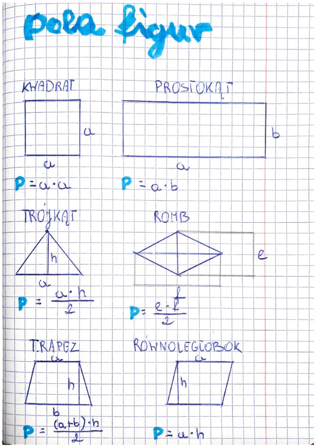 # Pola figur

KHADRAT

مله
a

PROSTOKAT

$P=a \cdot a$

TROJKAT

h

$P=\frac{a \cdot h}{2}$

ROMB

من

TRAPEZ

h

2

ROWNOLEGIOBOK

h

4.

9