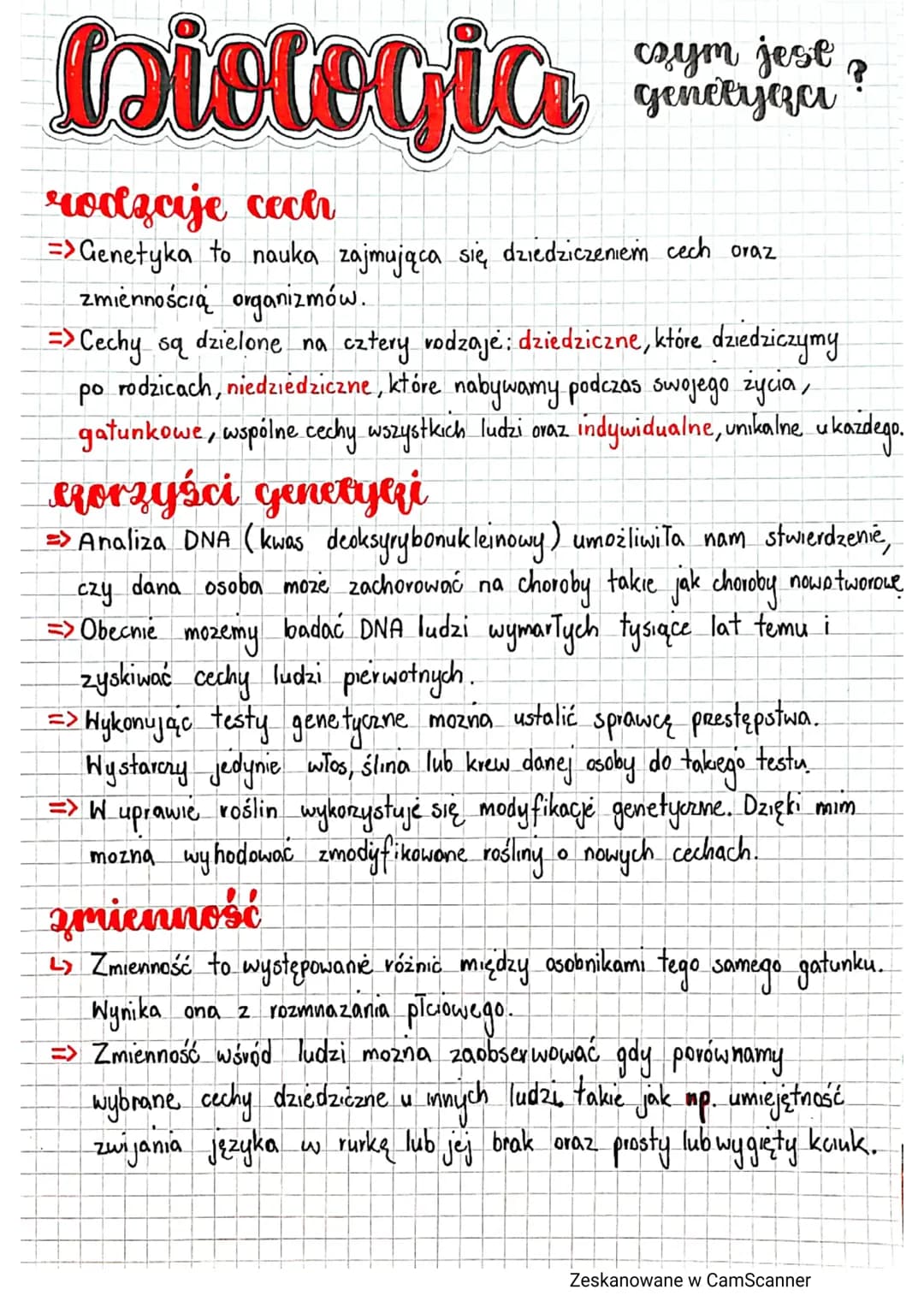 biologia
rozcije cech
=> Genetyka to nauka zajmująca się dziedziczeniem cech oraz
zmiennością organizmów.
=> Cechy są dzielone na cztery vod