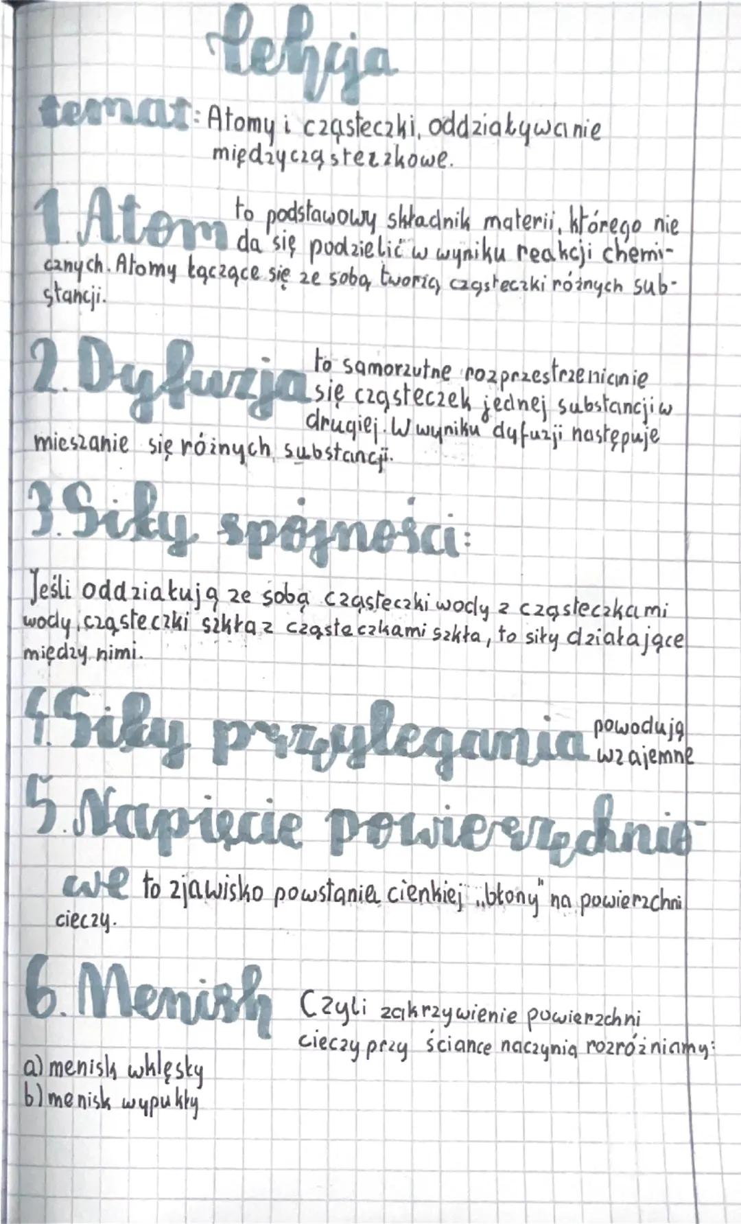 Lehia
temat: Atomy i cząsteczki, oddziaływanie
między cząsteczkowe.
1 Atom to podstawowy składnik materi, którego nie
da się podzielić w wyn